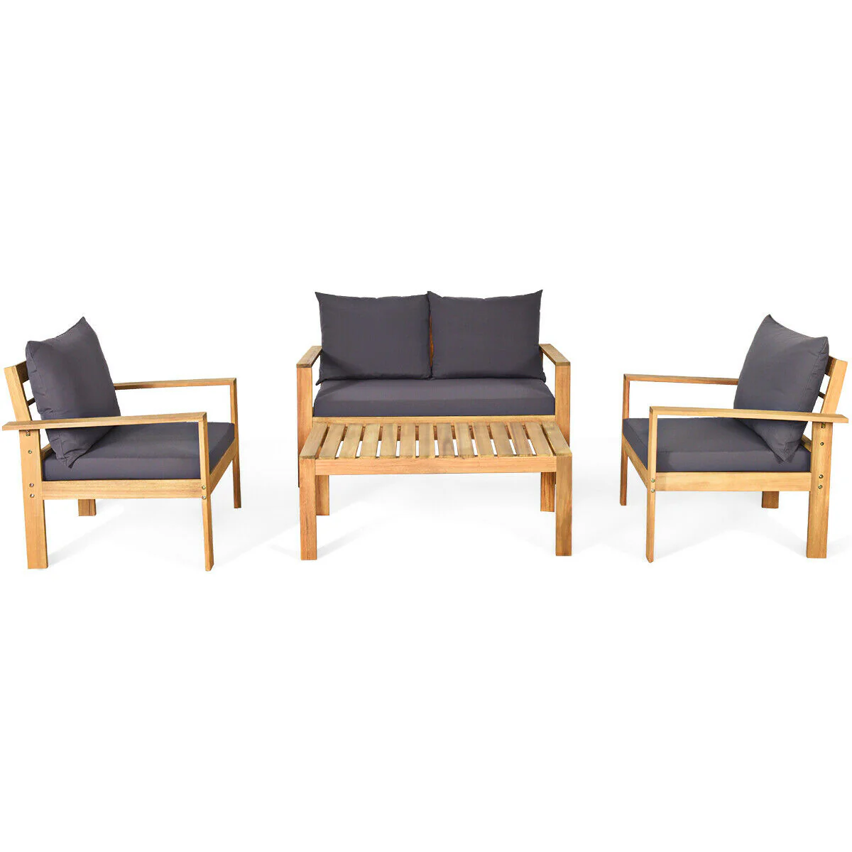 4 Piece Outdoor Acacia Wood Chat Set, Removable Cushions, Gray - Image 10