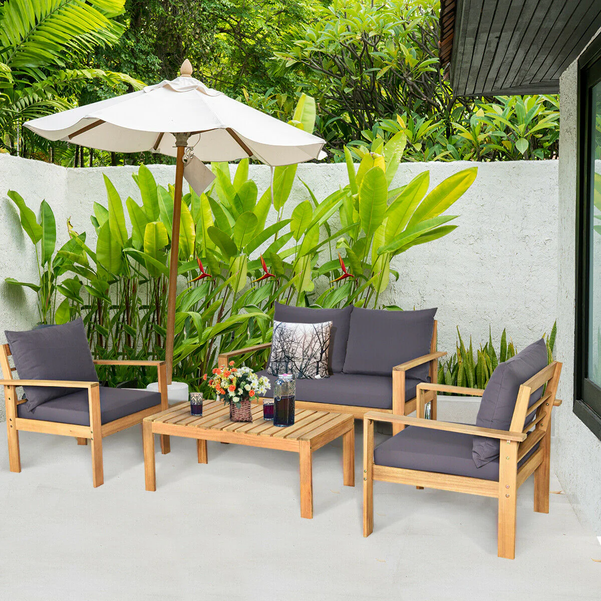 4 Piece Outdoor Acacia Wood Chat Set, Removable Cushions, Gray - Image 2
