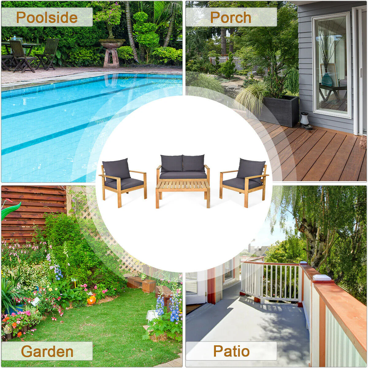 4 Piece Outdoor Acacia Wood Chat Set, Removable Cushions, Gray - Image 3