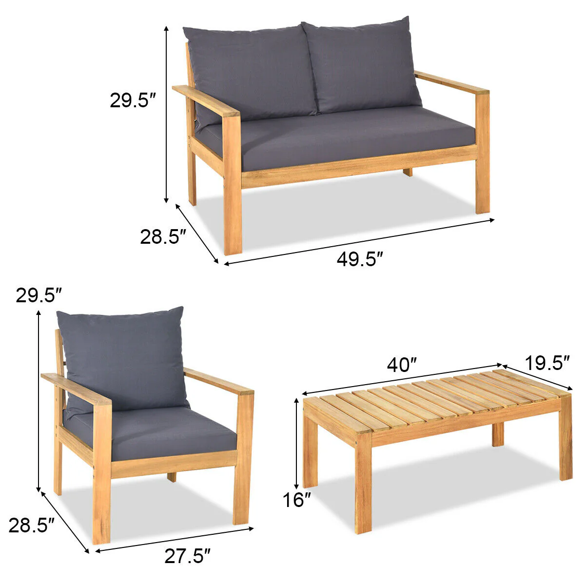 4 Piece Outdoor Acacia Wood Chat Set, Removable Cushions, Gray - Image 5