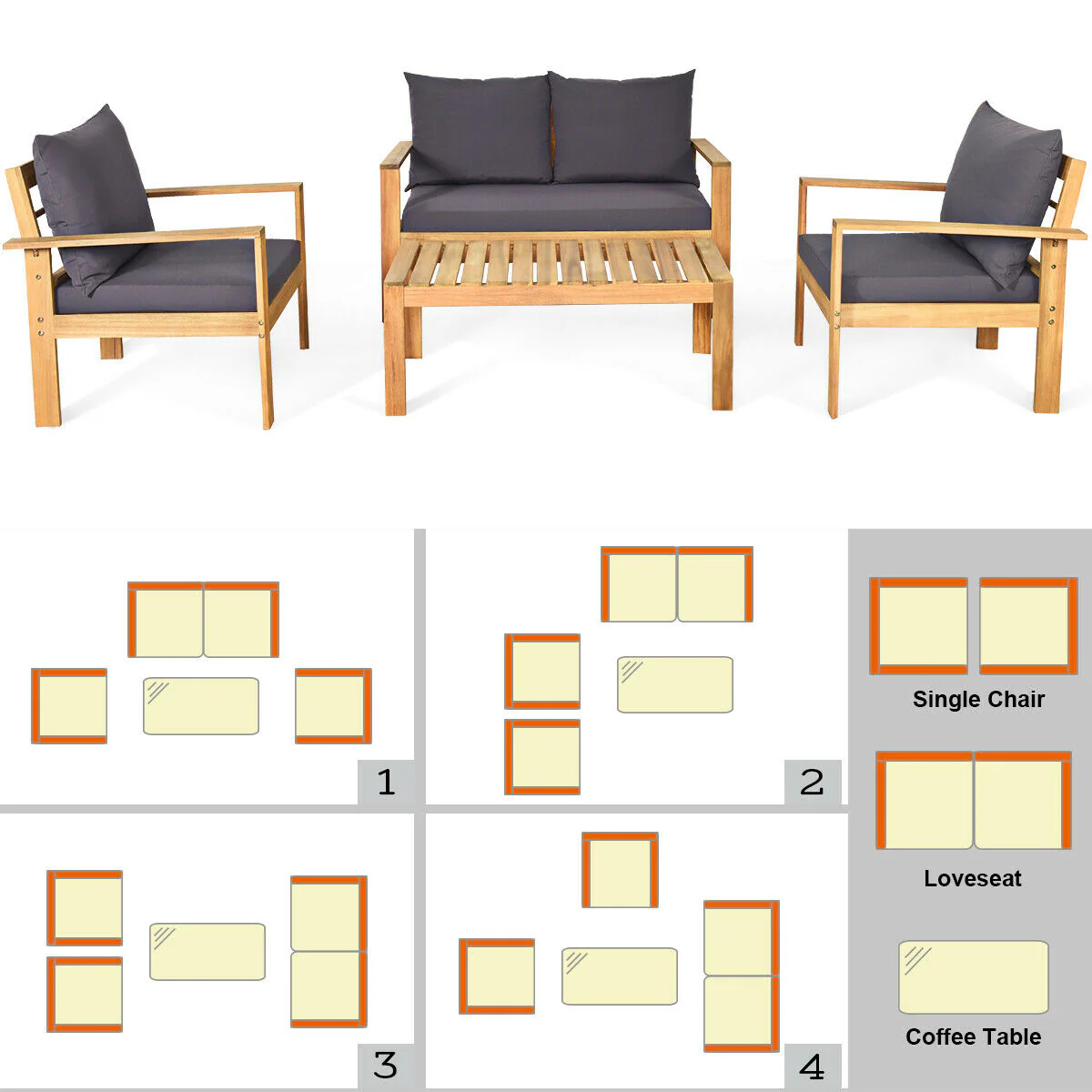 4 Piece Outdoor Acacia Wood Chat Set, Removable Cushions, Gray - Image 6