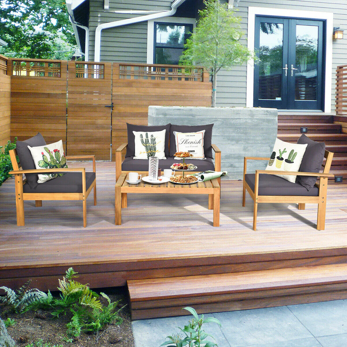 4 Piece Outdoor Acacia Wood Chat Set, Removable Cushions, Gray - Image 7