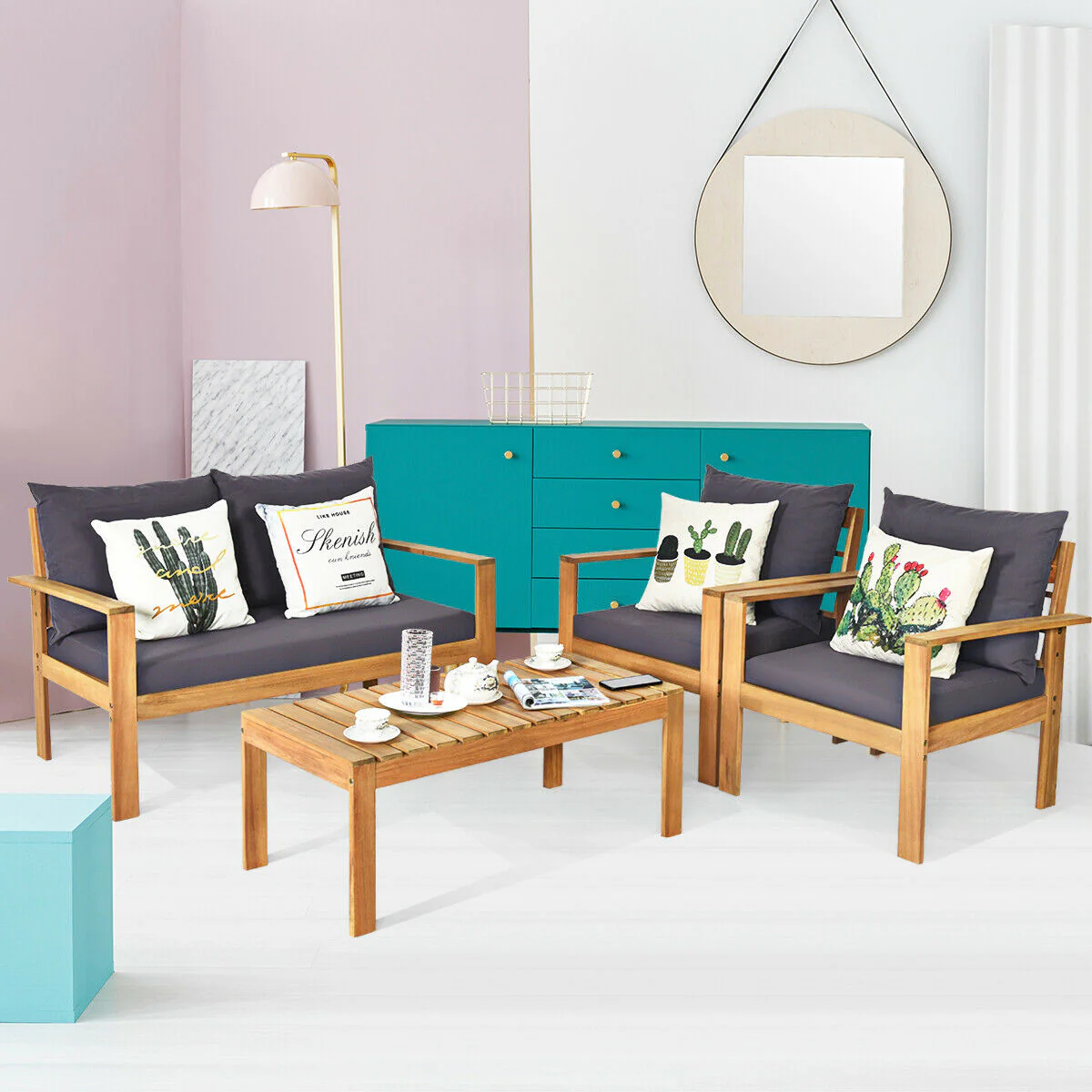 4 Piece Outdoor Acacia Wood Chat Set, Removable Cushions, Gray - Image 8