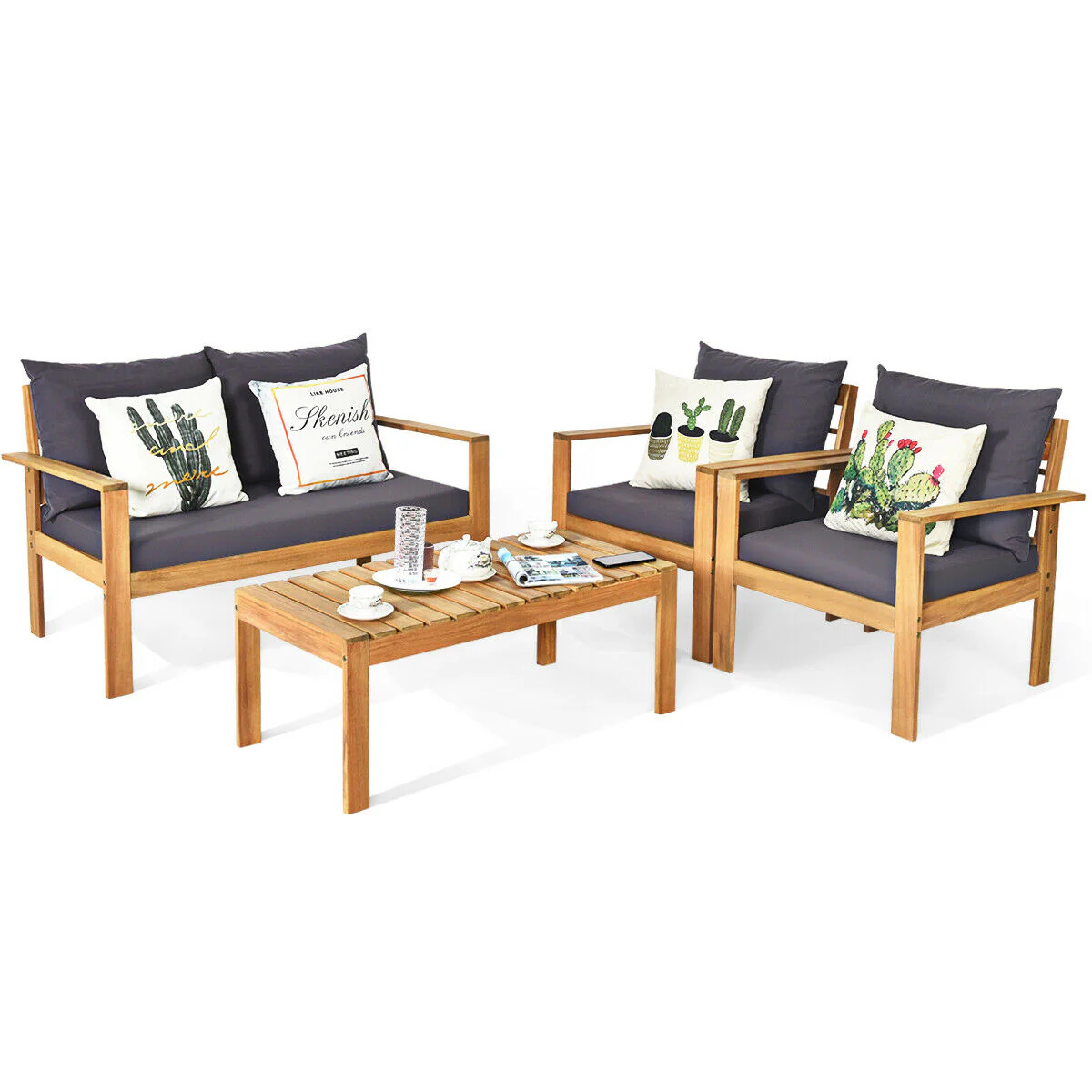 4 Piece Outdoor Acacia Wood Chat Set, Removable Cushions, Gray - Image 9