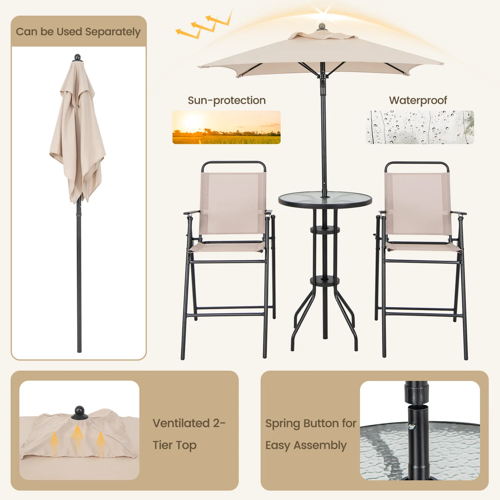 4 Piece Outdoor Bar Set With Umbrella, Beige - Image 10