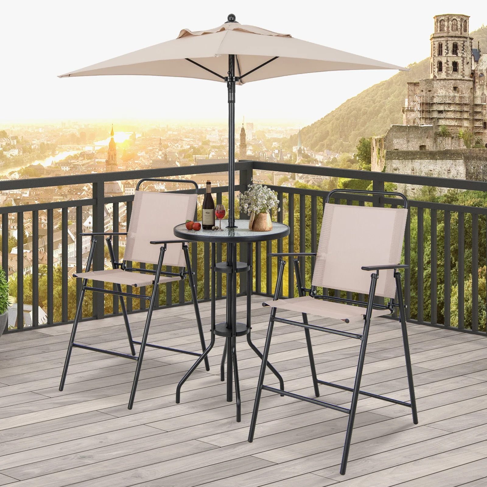 4 Piece Outdoor Bar Set With Umbrella, Beige - Image 3