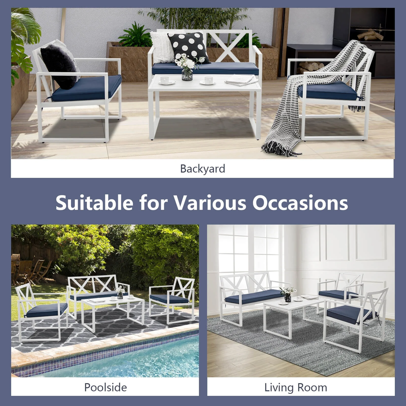 4 Piece Outdoor Conversation Set, Steel Frame, White - Image 10