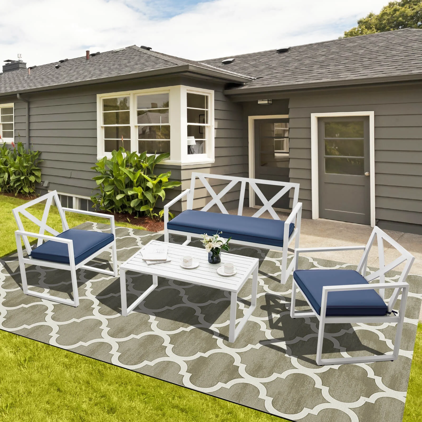4 Piece Outdoor Conversation Set, Steel Frame, White - Image 3