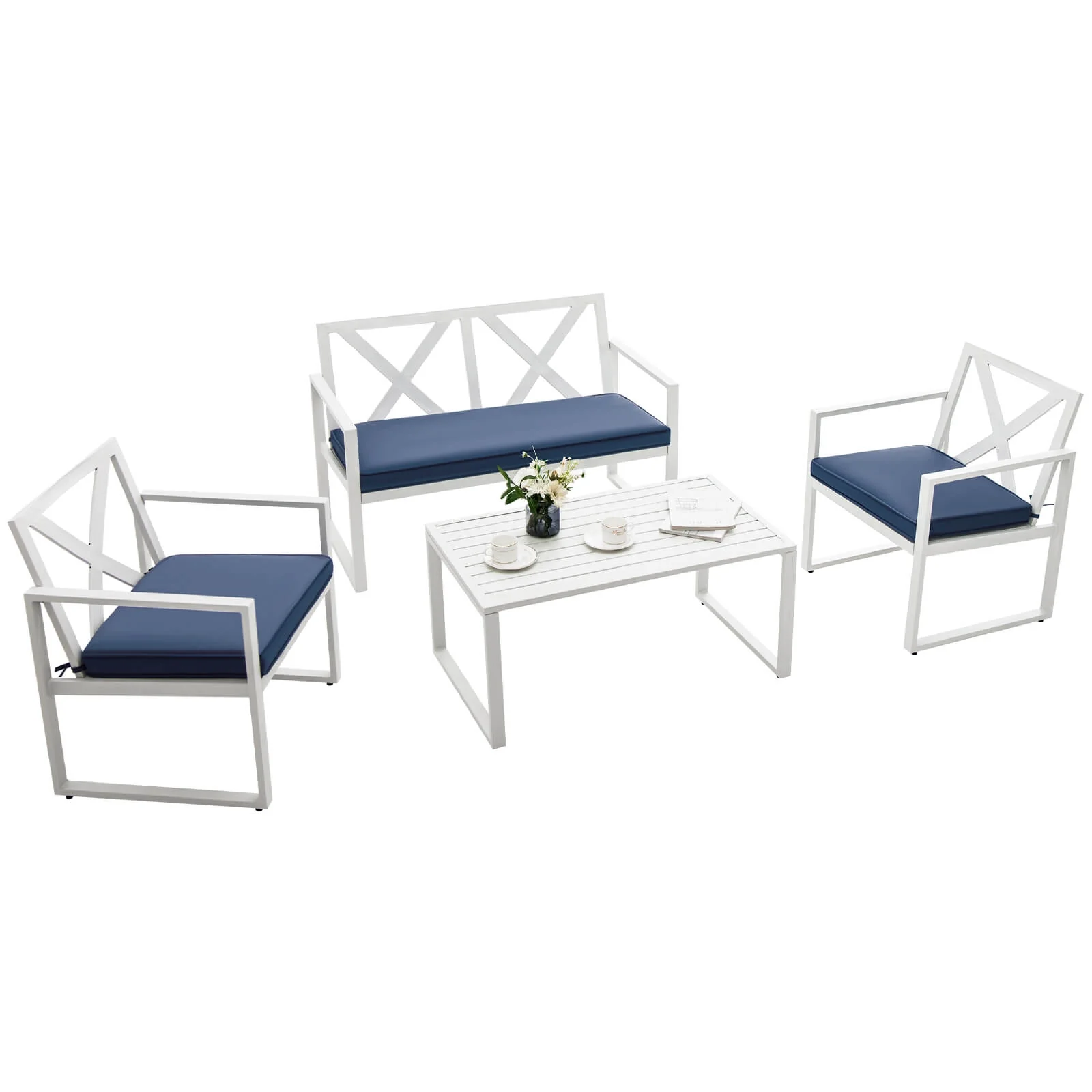 4 Piece Outdoor Conversation Set, Steel Frame, White - Image 7