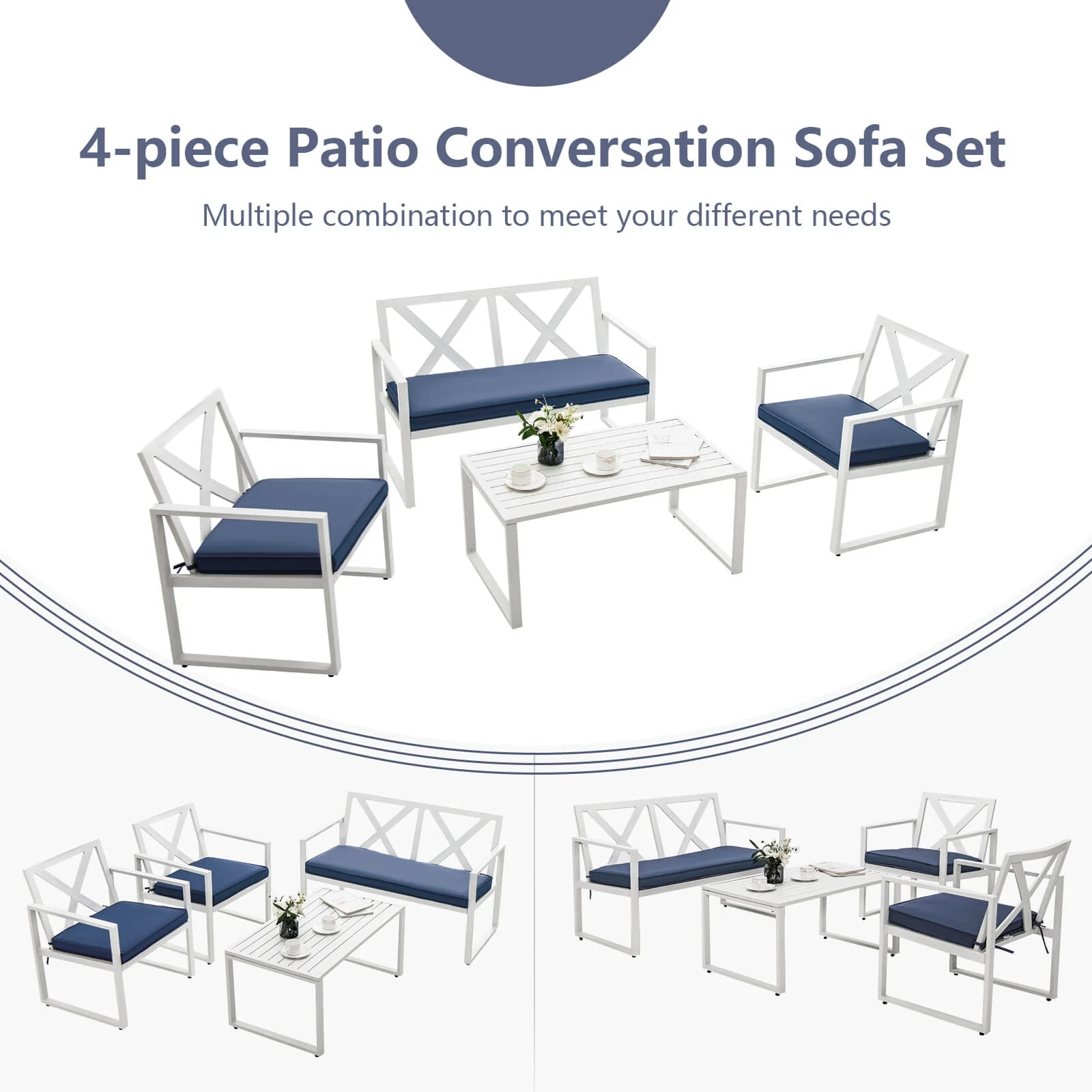 4 Piece Outdoor Conversation Set, Steel Frame, White - Image 8