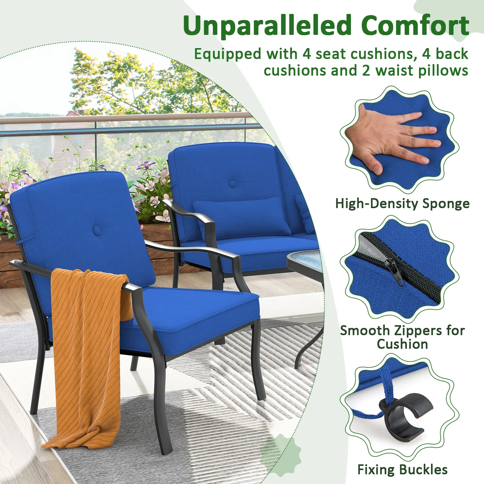 4 Piece Outdoor Conversation Set, With Seat Back Cushions And Waist Pillows, Navy - Image 10