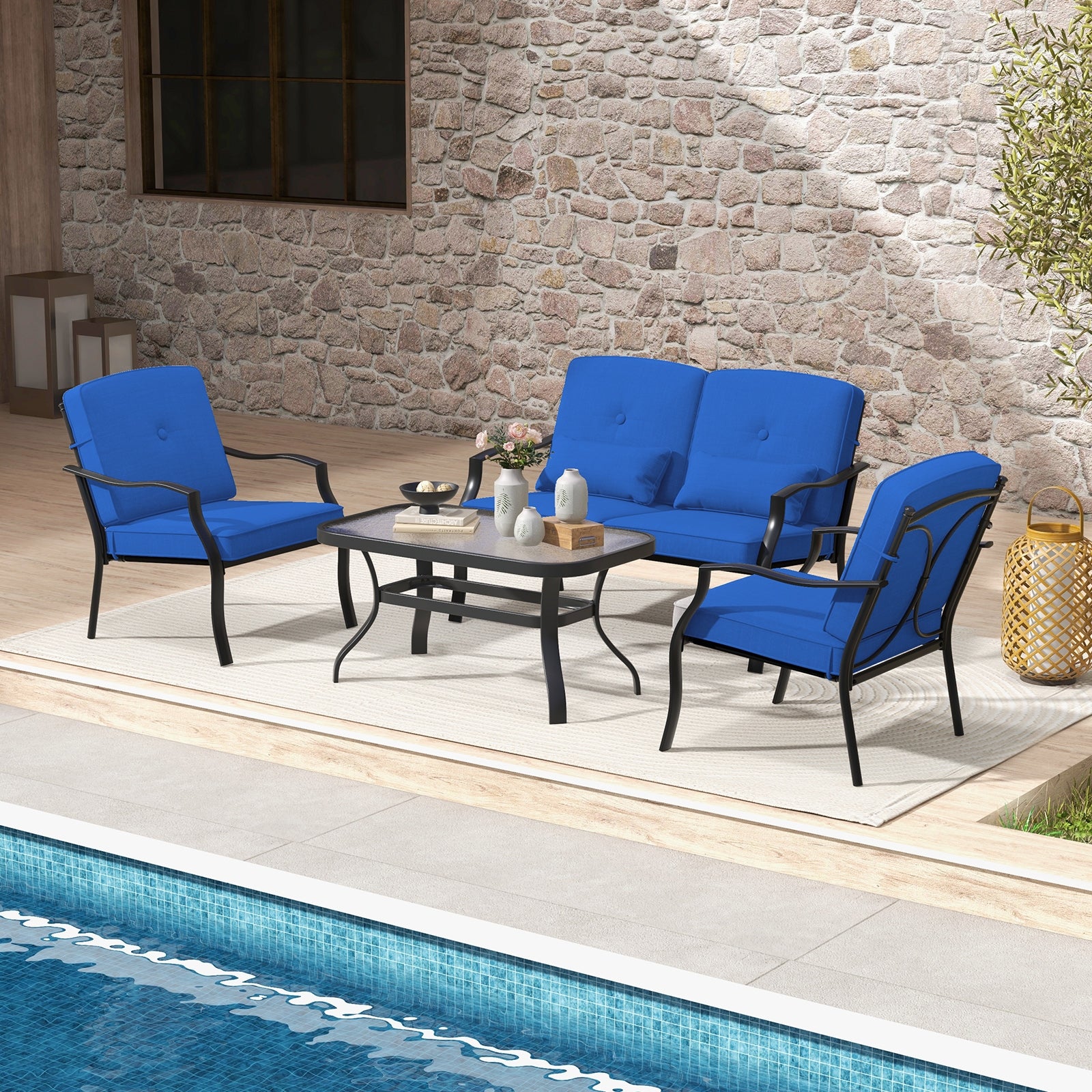 4 Piece Outdoor Conversation Set, With Seat Back Cushions And Waist Pillows, Navy - Image 3