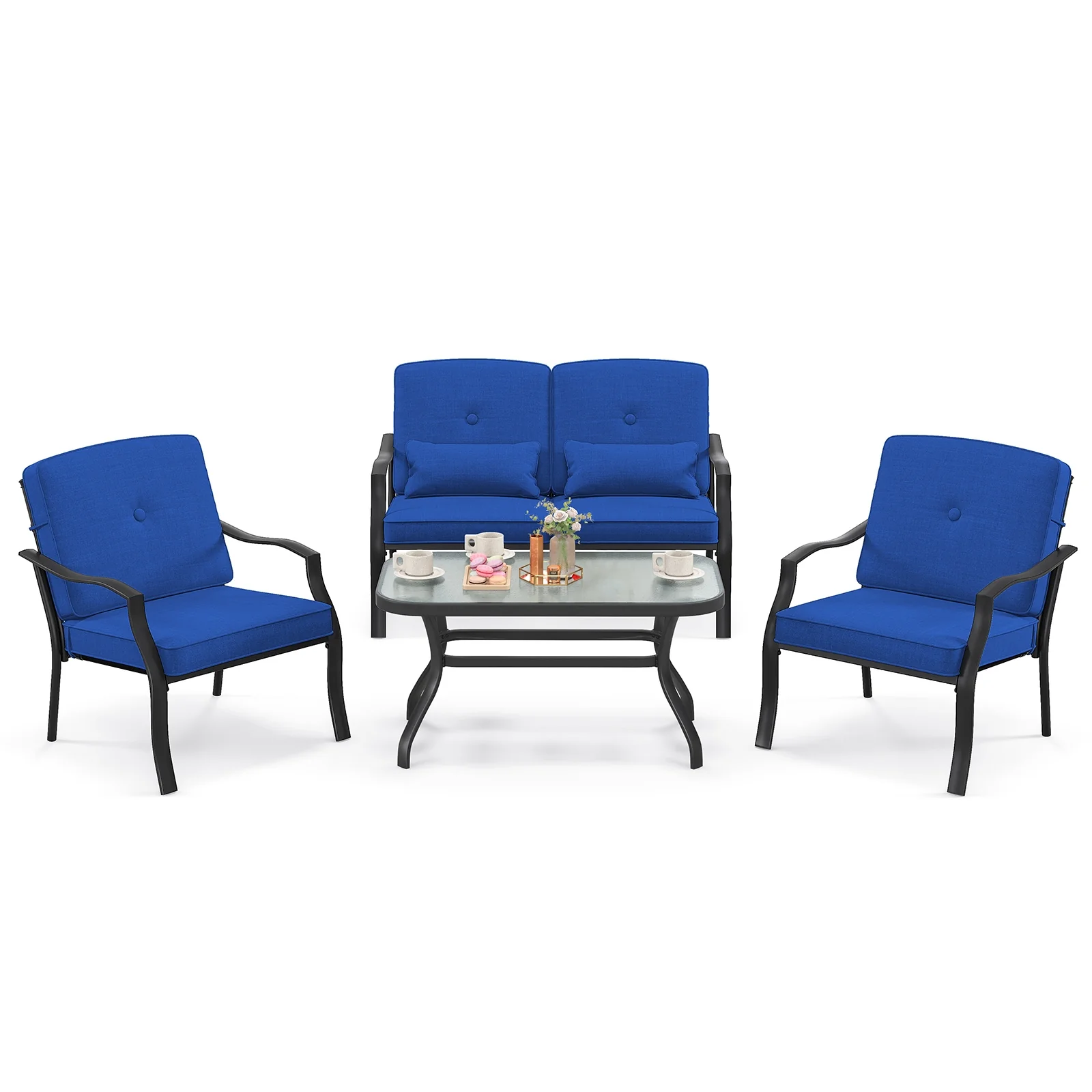4 Piece Outdoor Conversation Set, With Seat Back Cushions And Waist Pillows, Navy - Image 4