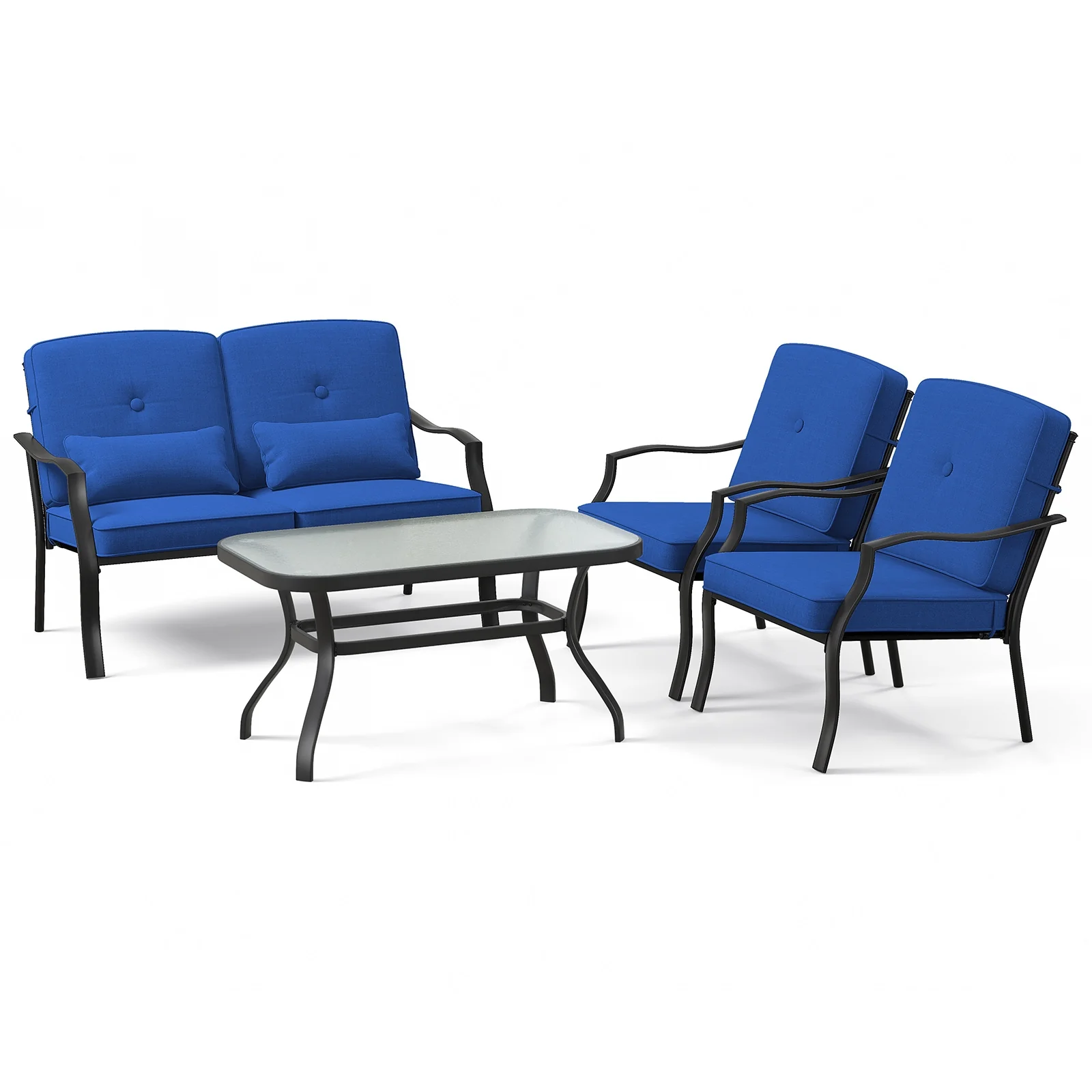 4 Piece Outdoor Conversation Set, With Seat Back Cushions And Waist Pillows, Navy - Image 5