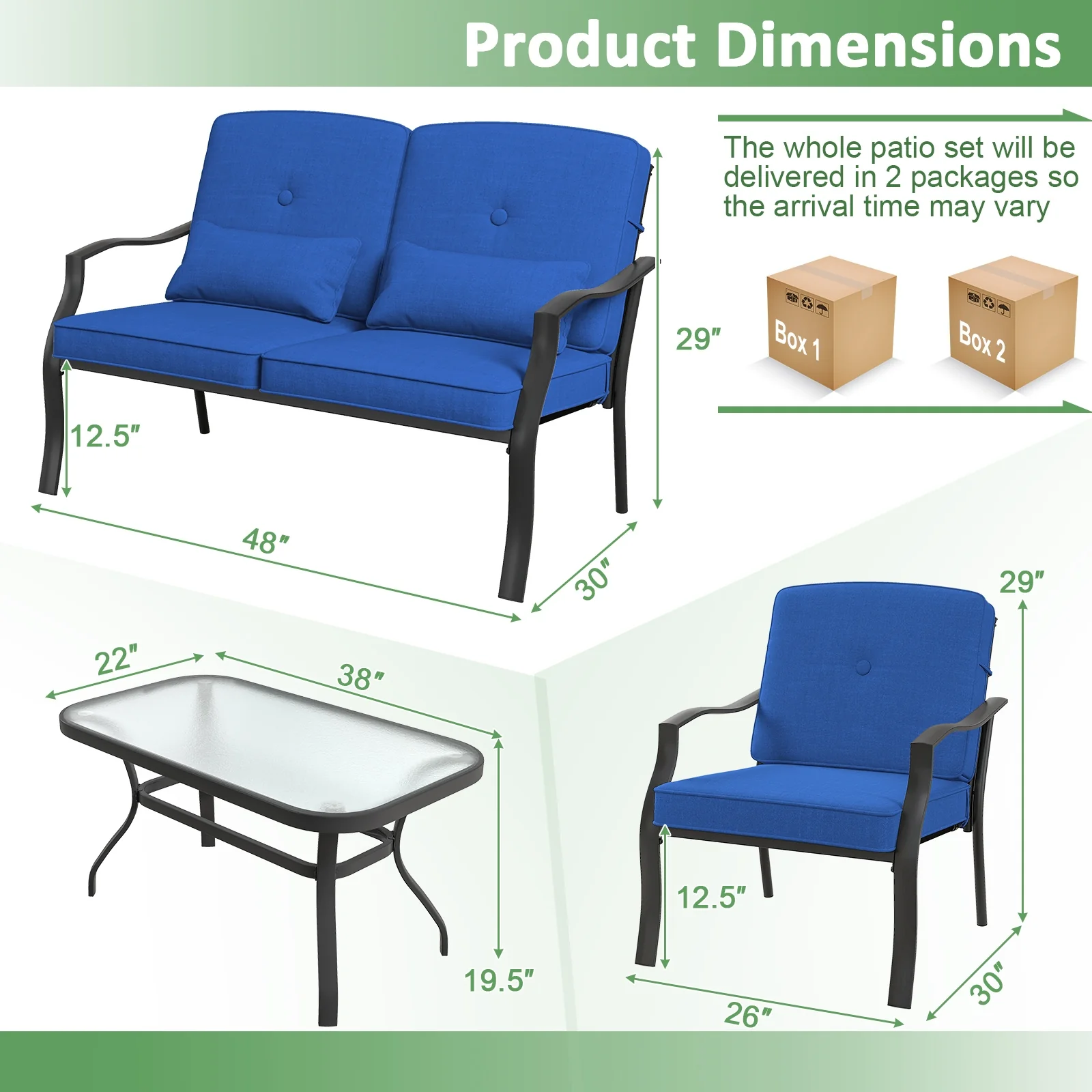 4 Piece Outdoor Conversation Set, With Seat Back Cushions And Waist Pillows, Navy - Image 6