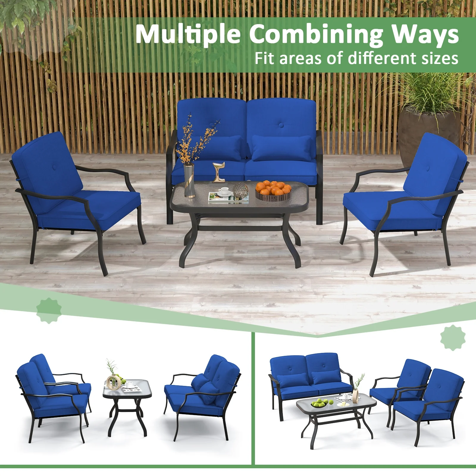 4 Piece Outdoor Conversation Set, With Seat Back Cushions And Waist Pillows, Navy - Image 9
