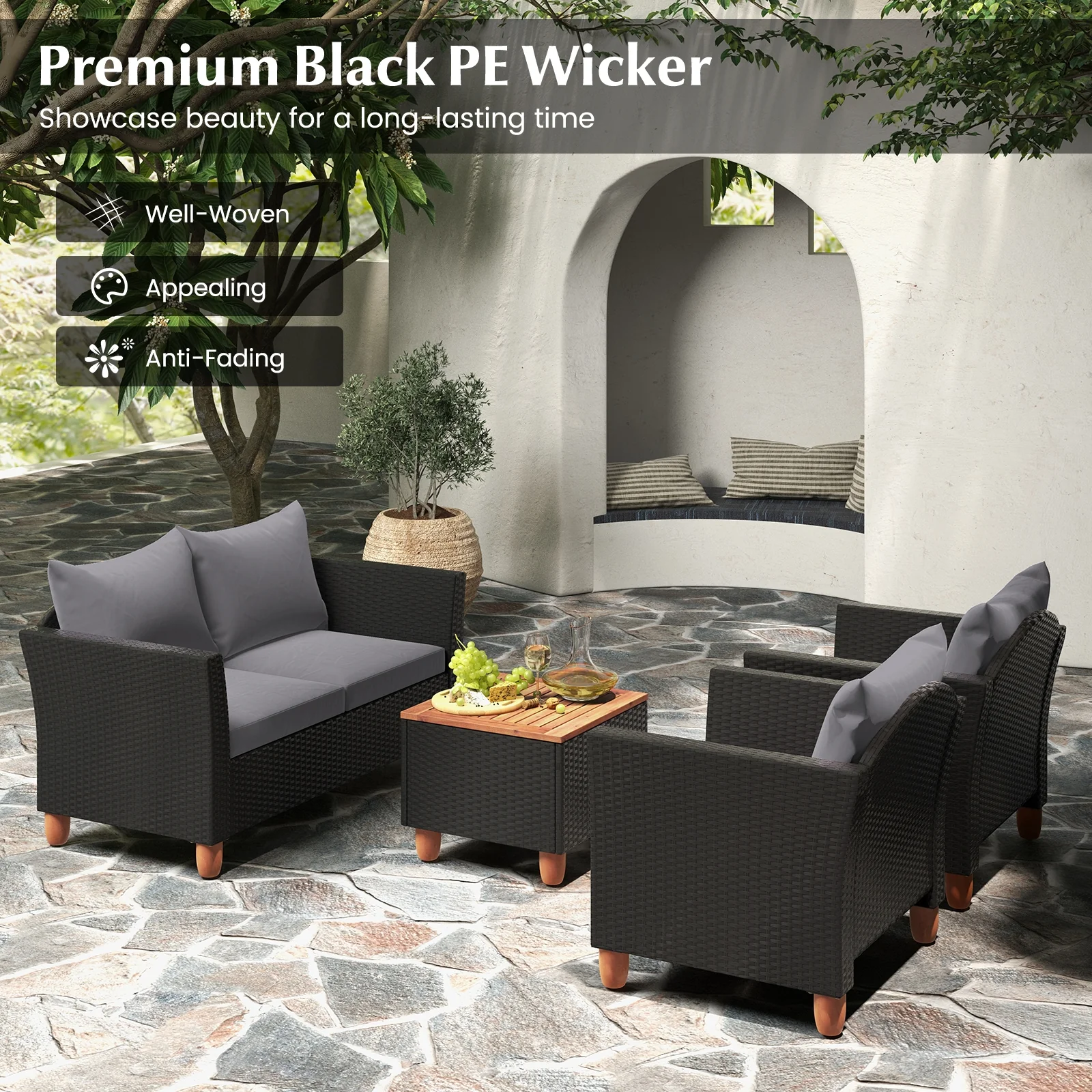 4 Piece Outdoor Conversation Set, With Storage Coffee Table, Gray - Image 9