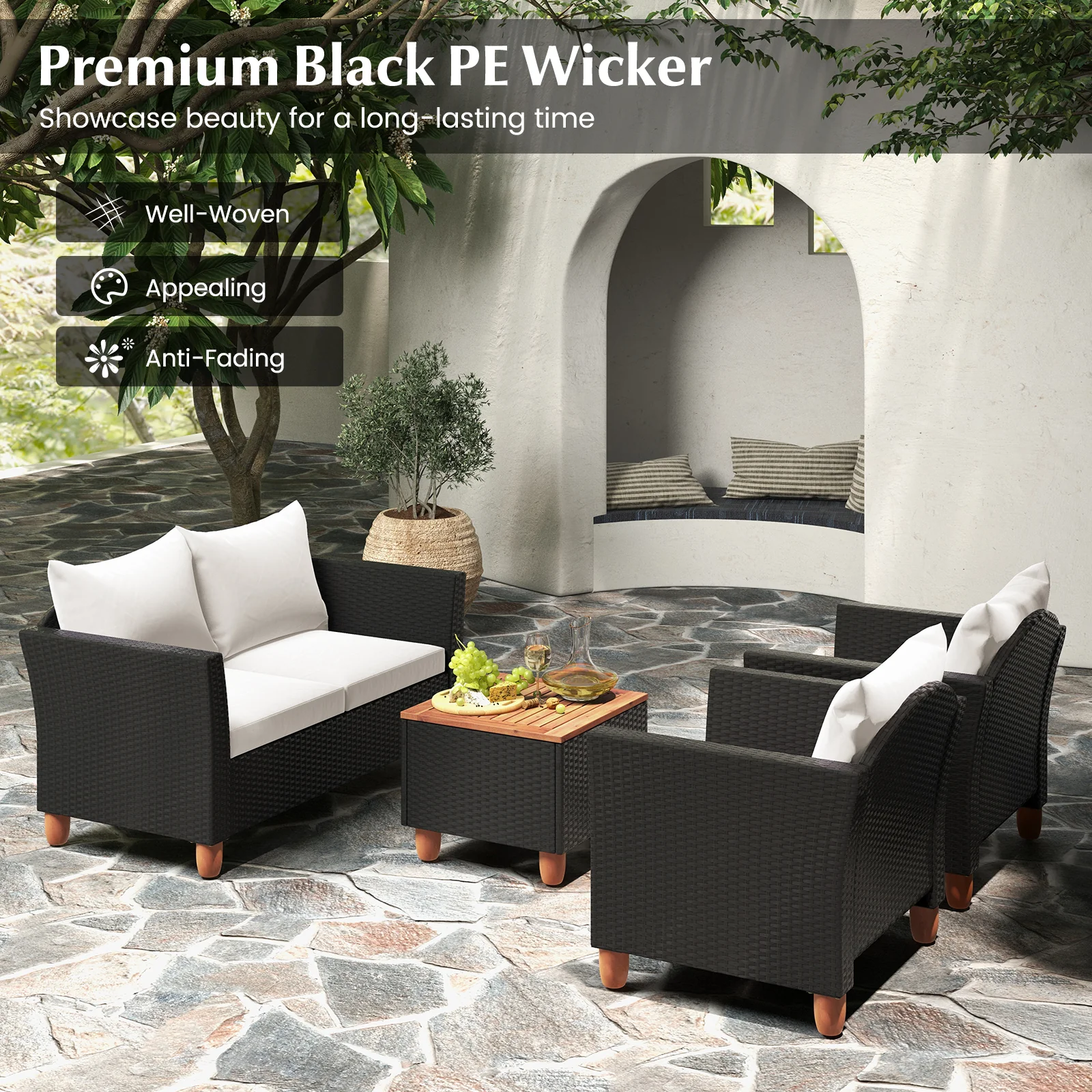 4 Piece Outdoor Conversation Set, With Storage Coffee Table, White - Image 10