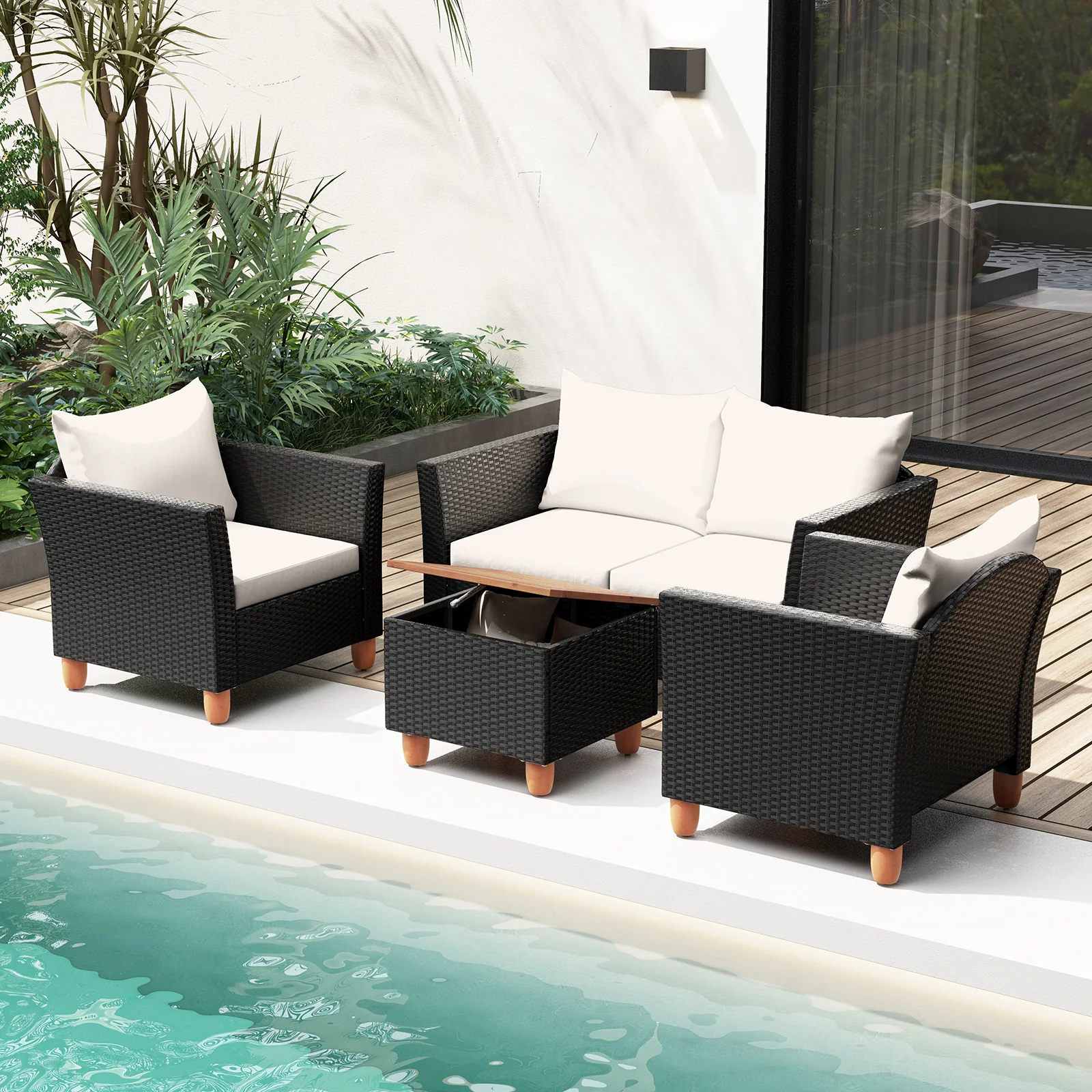4 Piece Outdoor Conversation Set, With Storage Coffee Table, White - Image 2