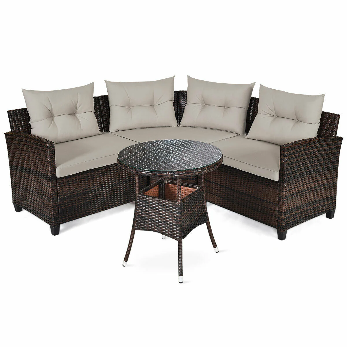 4 Piece Outdoor Cushioned Rattan Furniture Set, Brown