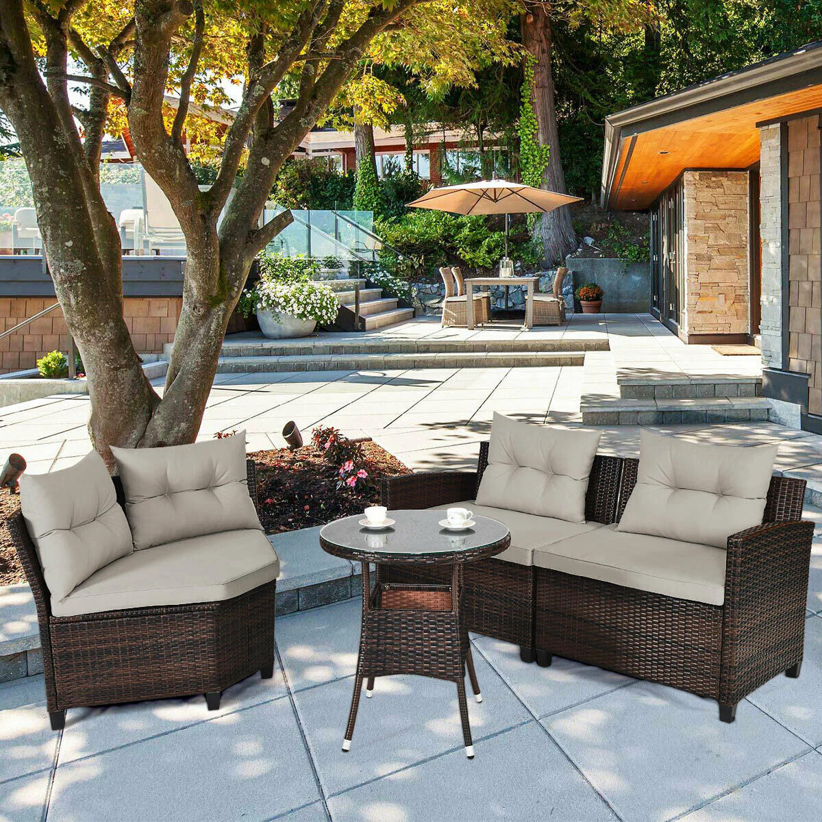 4 Piece Outdoor Cushioned Rattan Furniture Set, Brown - Image 2