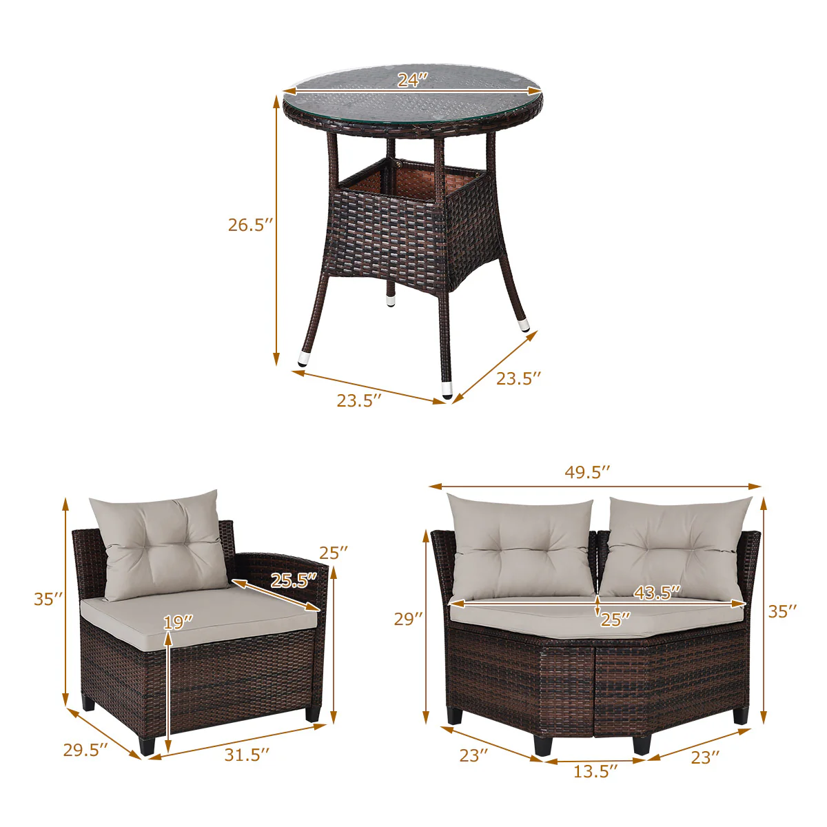 4 Piece Outdoor Cushioned Rattan Furniture Set, Brown - Image 6