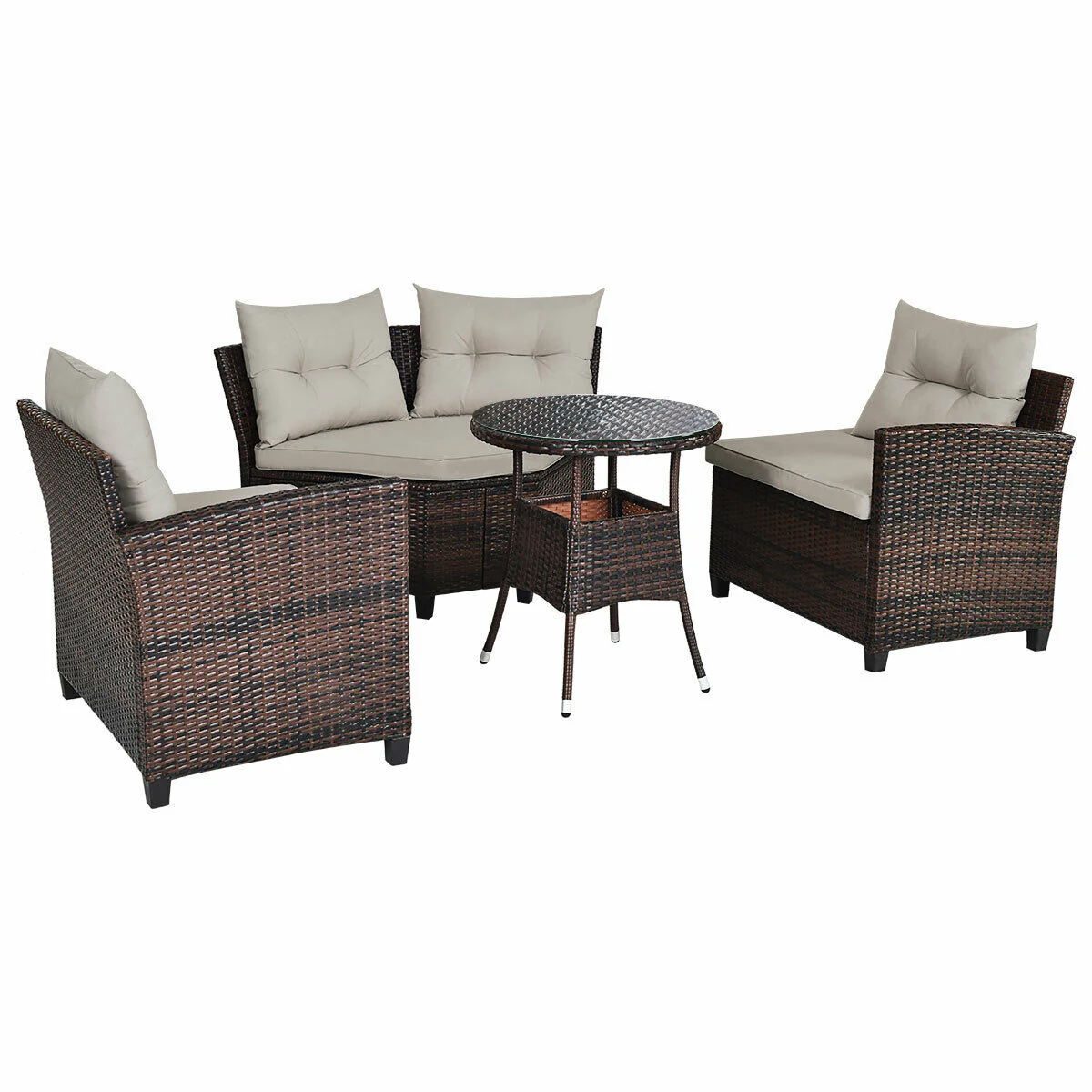 4 Piece Outdoor Cushioned Rattan Furniture Set, Brown - Image 8