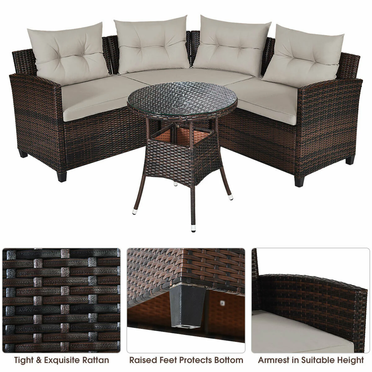 4 Piece Outdoor Cushioned Rattan Furniture Set, Brown - Image 9