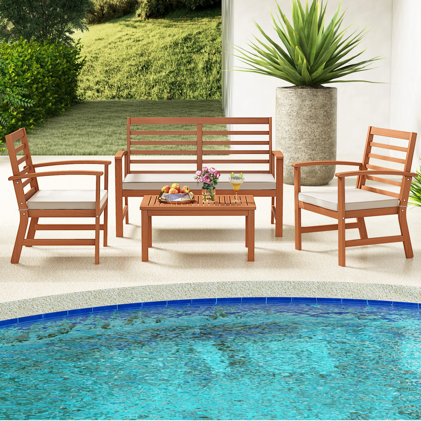 4 Piece Outdoor Furniture Set, Acacia Wood Frame, Beige - Image 2