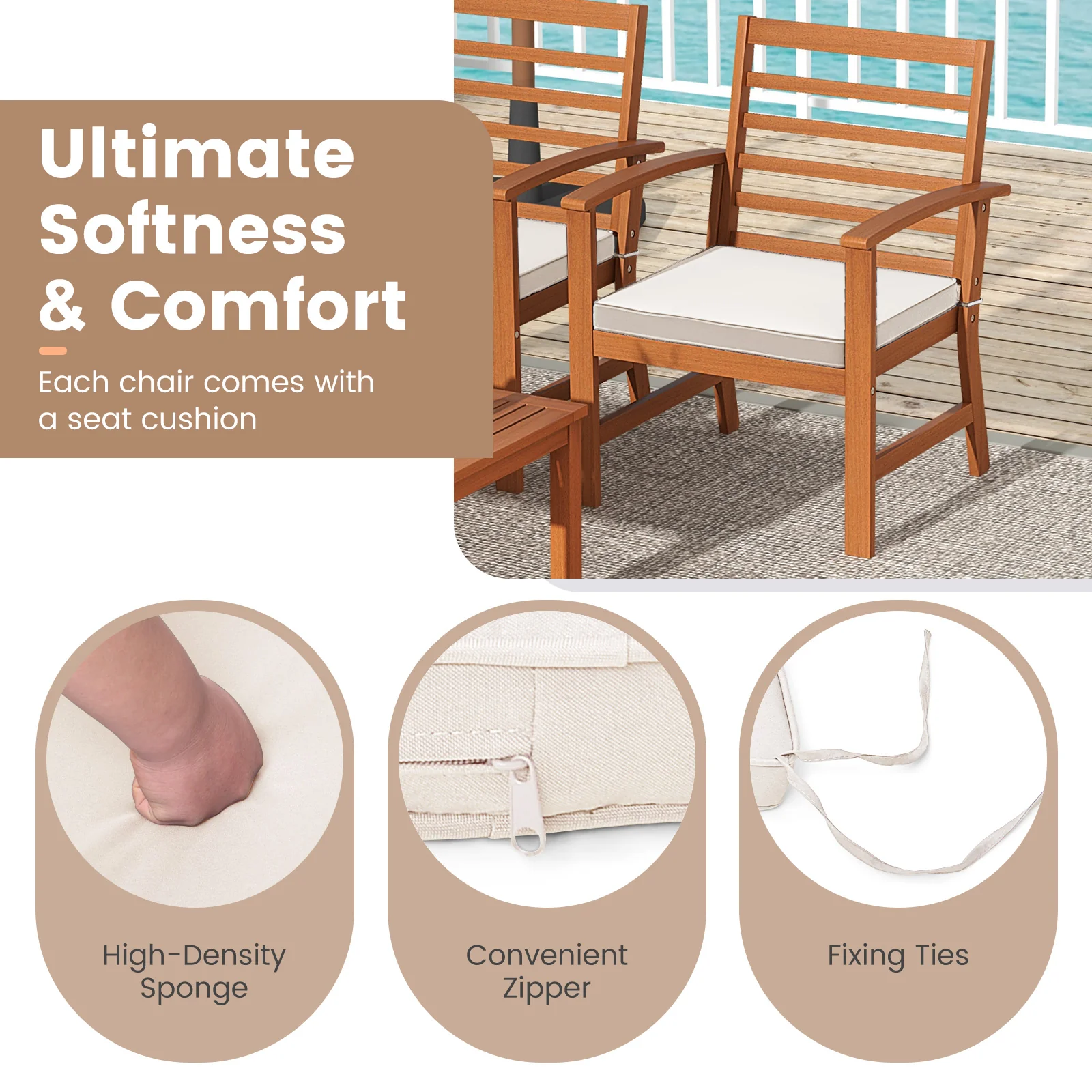 4 Piece Outdoor Furniture Set, Acacia Wood Frame, Beige - Image 9