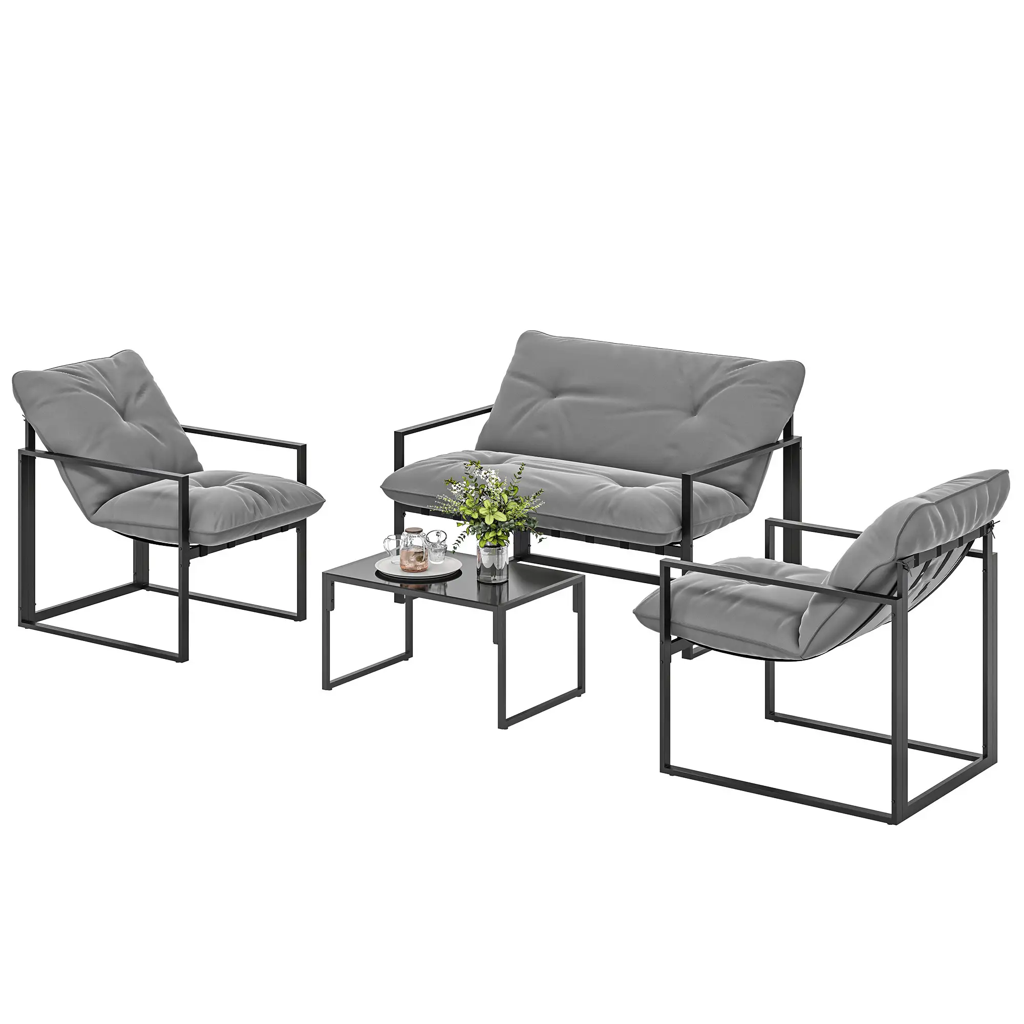 4 Piece Outdoor Furniture Set, Patio Conversation Set, Light Grey