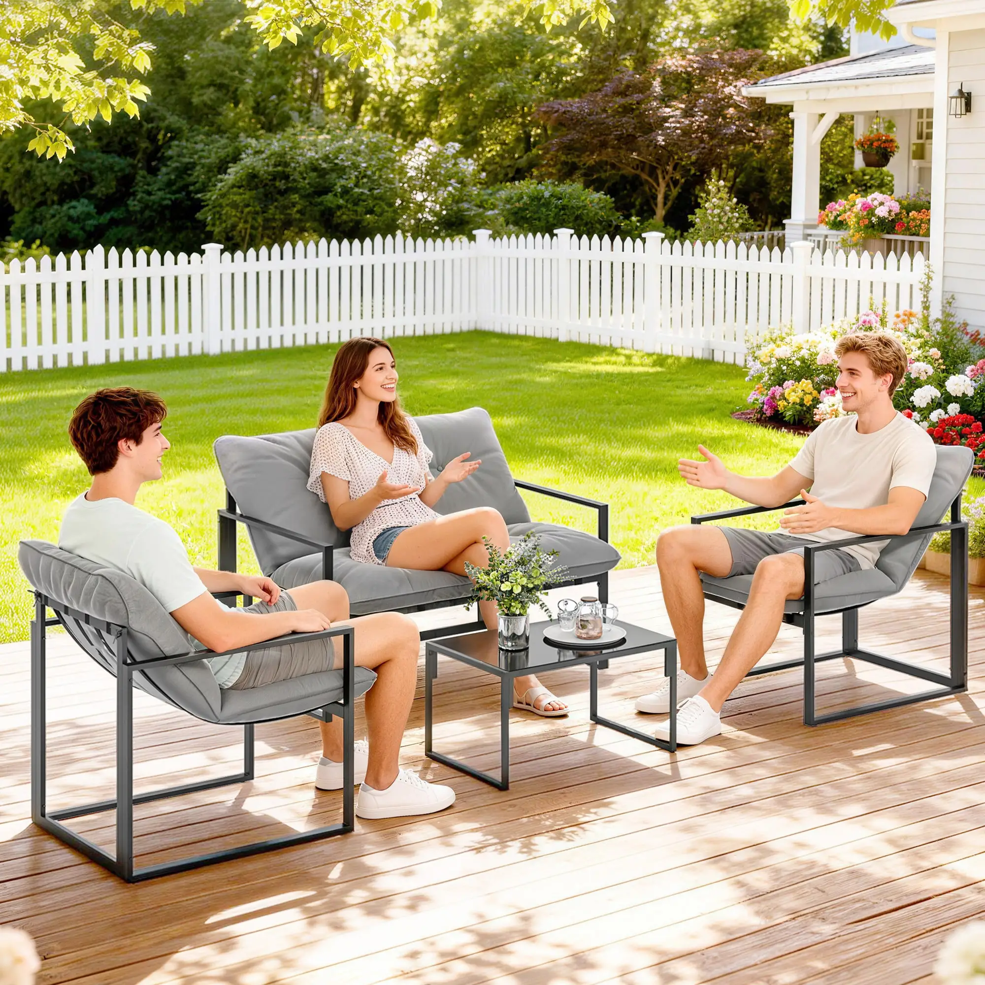 4 Piece Outdoor Furniture Set, Patio Conversation Set, Light Grey - Image 2