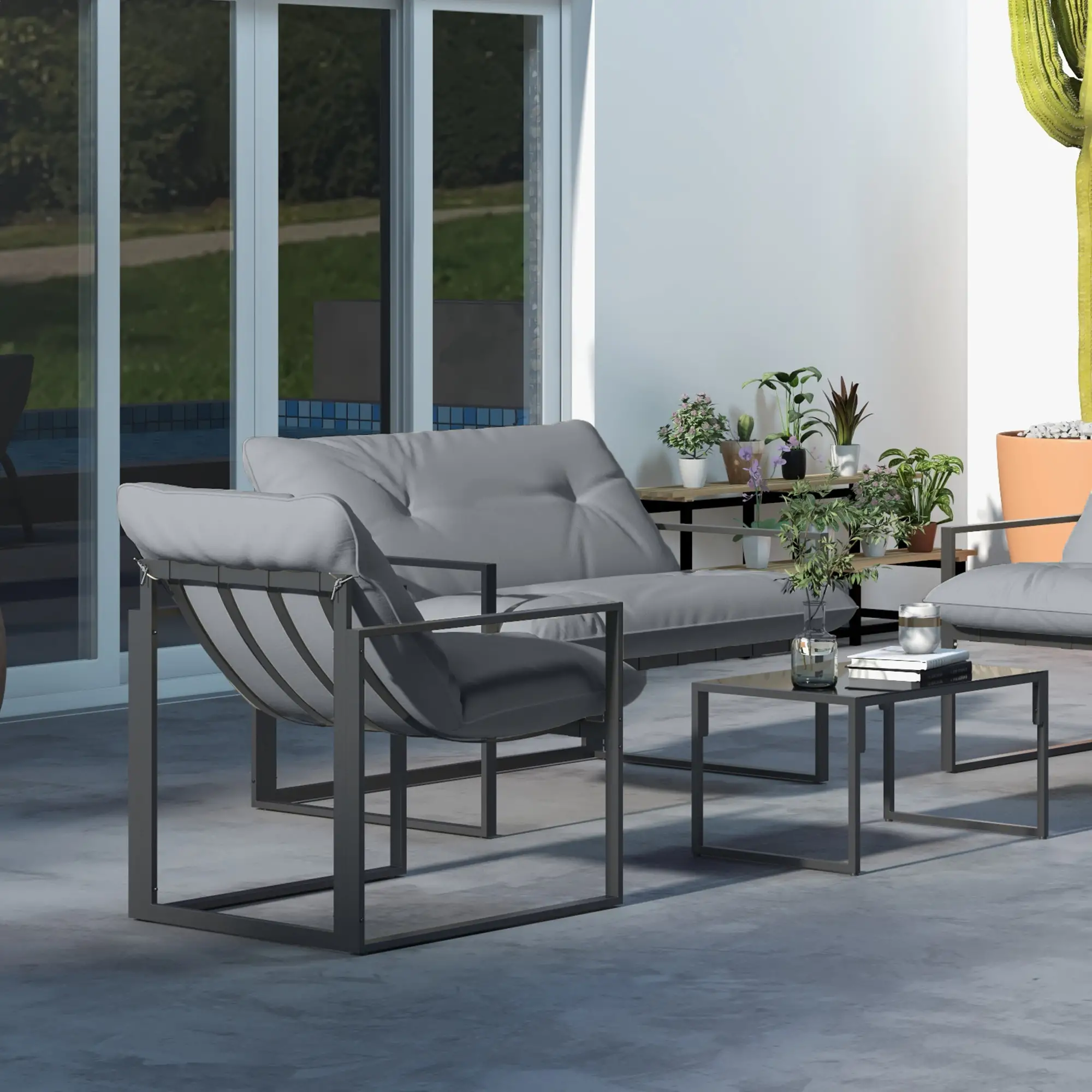 4-Piece Outdoor Furniture Set, Patio Set with Glass Table, Grey - Image 10