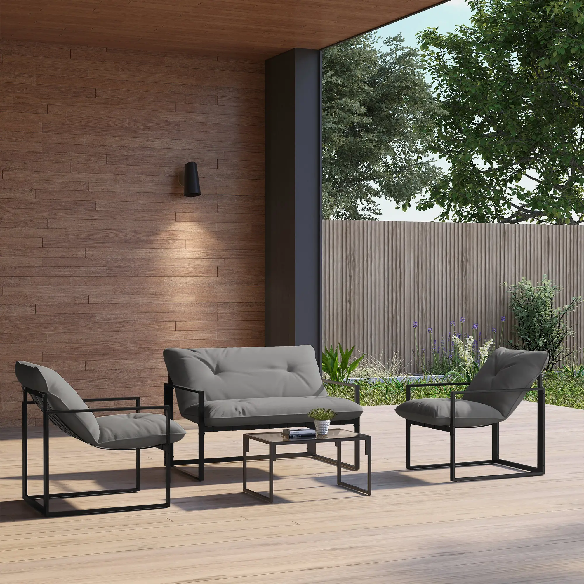 4-Piece Outdoor Furniture Set, Patio Set with Glass Table, Grey - Image 2