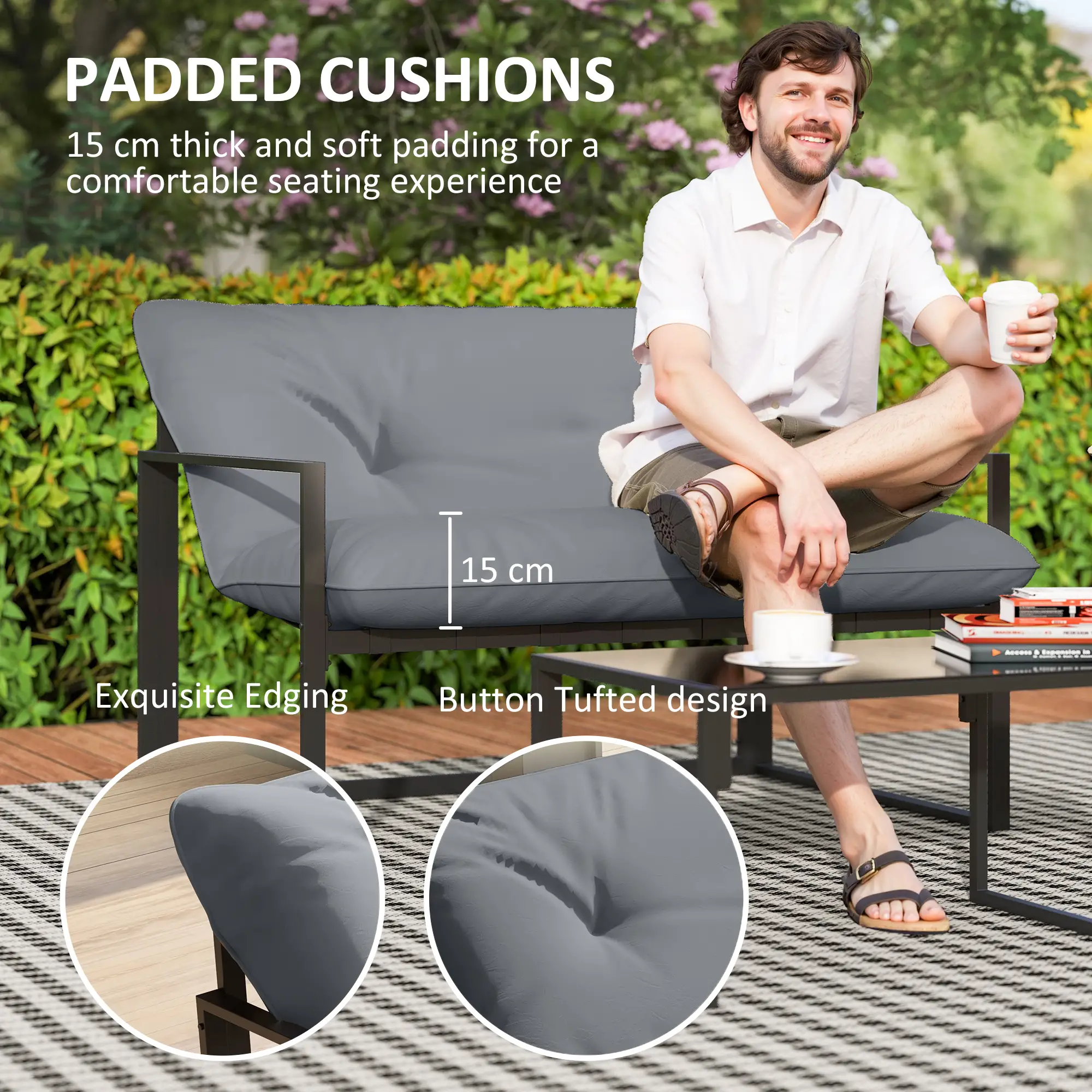 4-Piece Outdoor Furniture Set, Patio Set with Glass Table, Grey - Image 4