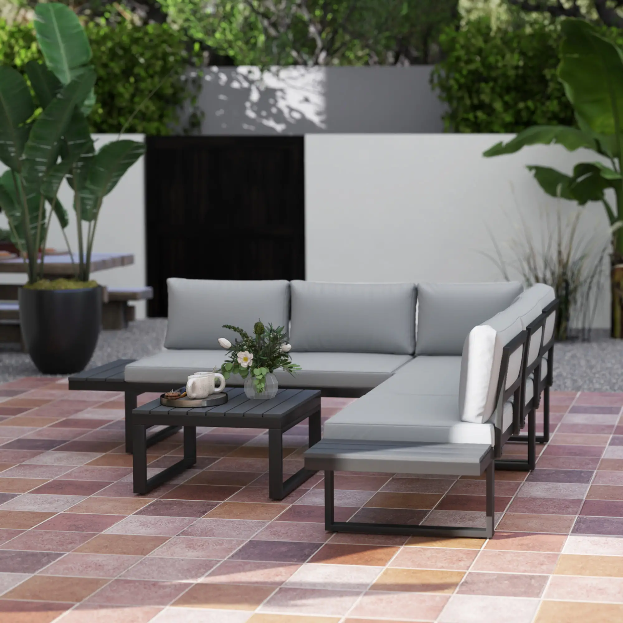 4 Piece Outdoor Patio Furniture Set, 5 Level Reclining Garden Corner Sofa - Image 10