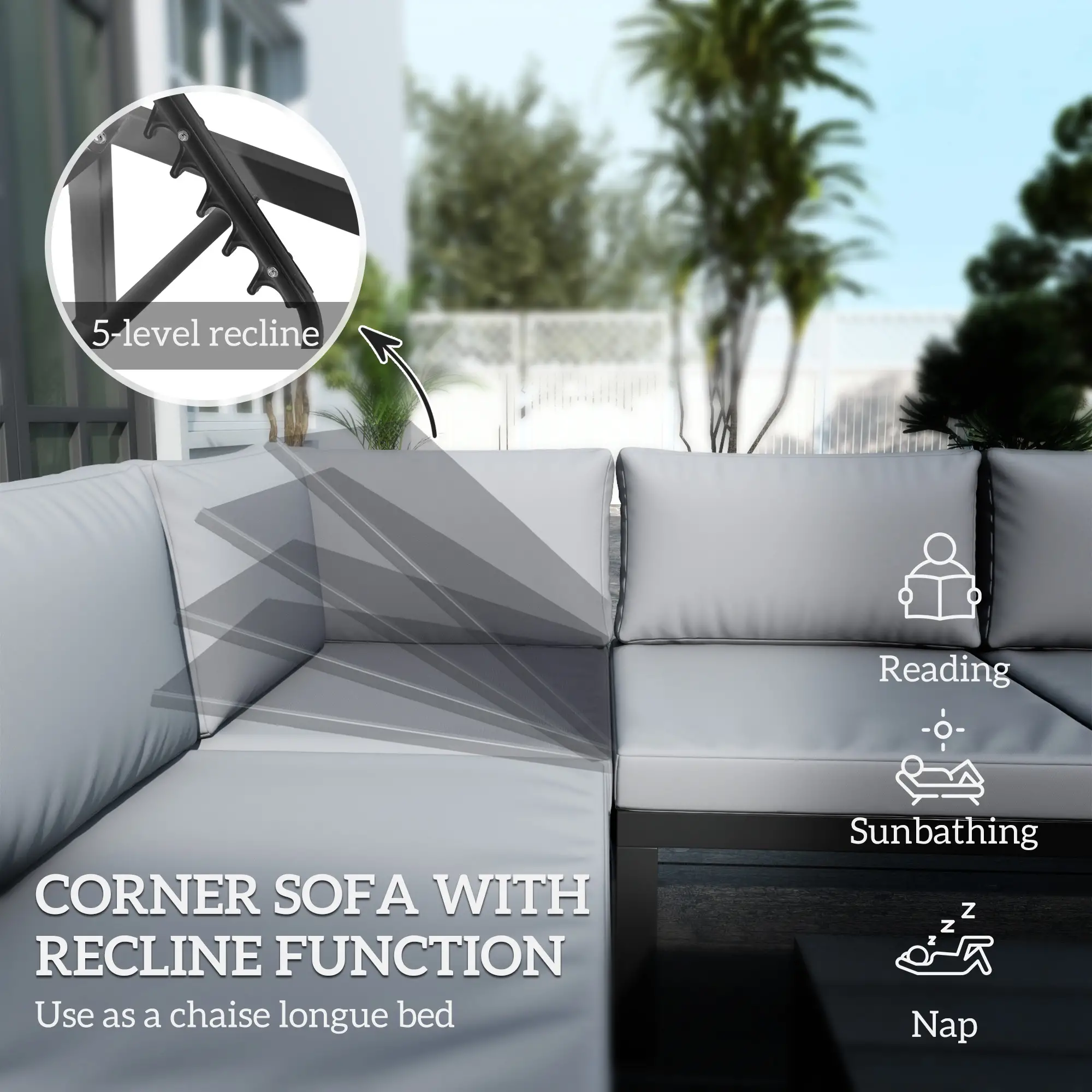 4 Piece Outdoor Patio Furniture Set, 5 Level Reclining Garden Corner Sofa - Image 6