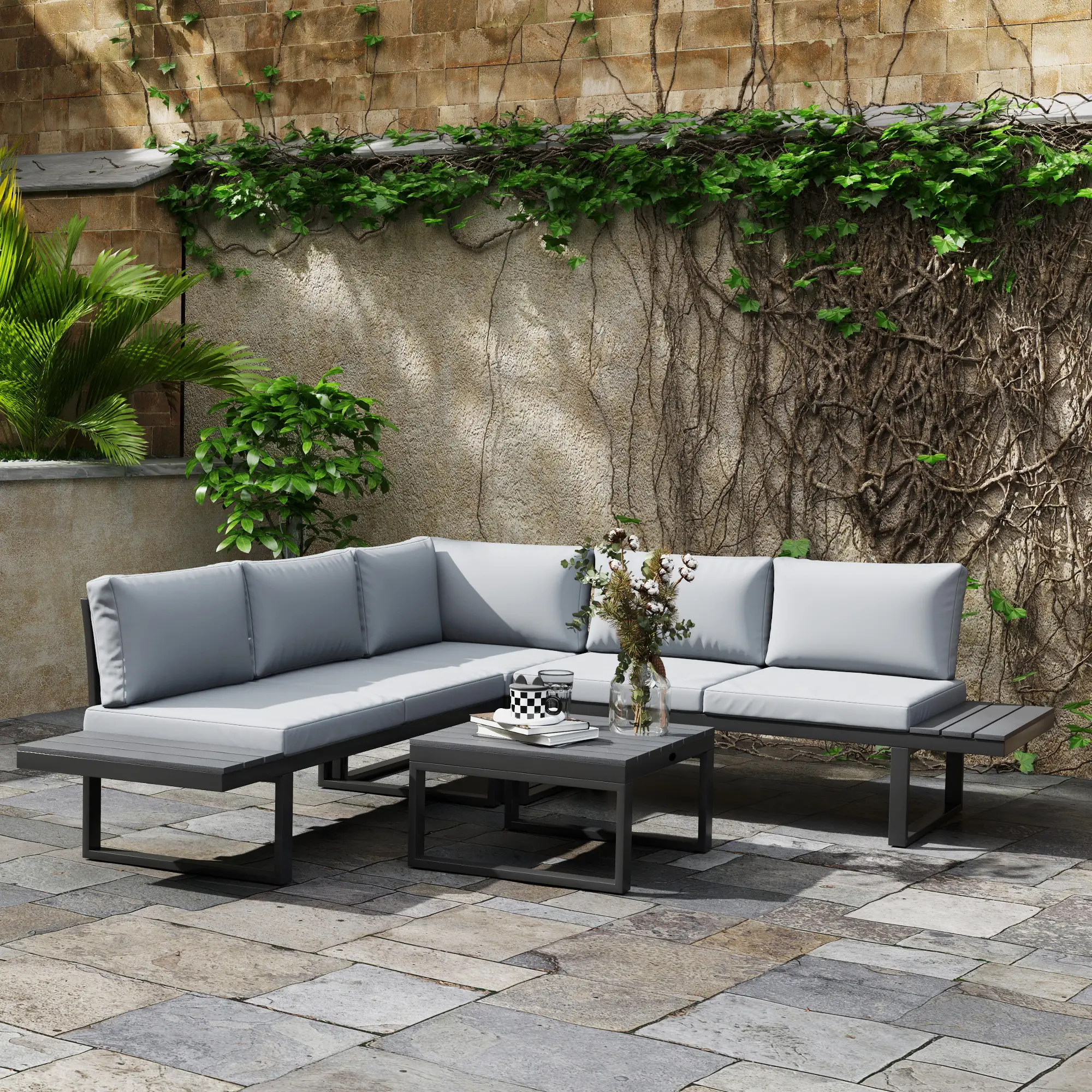 4 Piece Outdoor Patio Furniture Set, 5 Level Reclining Garden Corner Sofa - Image 8