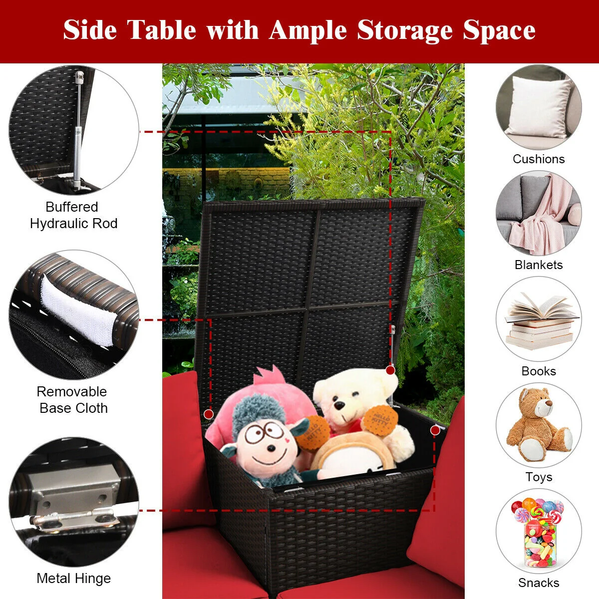 4 Piece Outdoor Patio Rattan Furniture Set, Red - Image 10