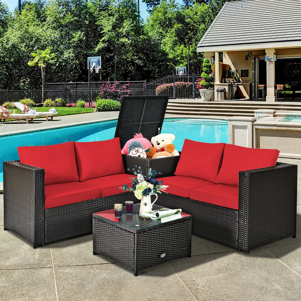 4 Piece Outdoor Patio Rattan Furniture Set, Red - Image 2