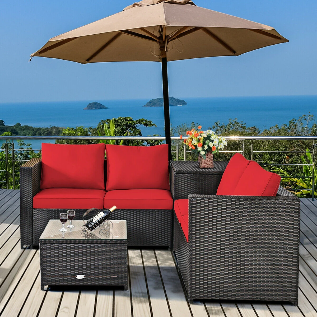 4 Piece Outdoor Patio Rattan Furniture Set, Red - Image 3