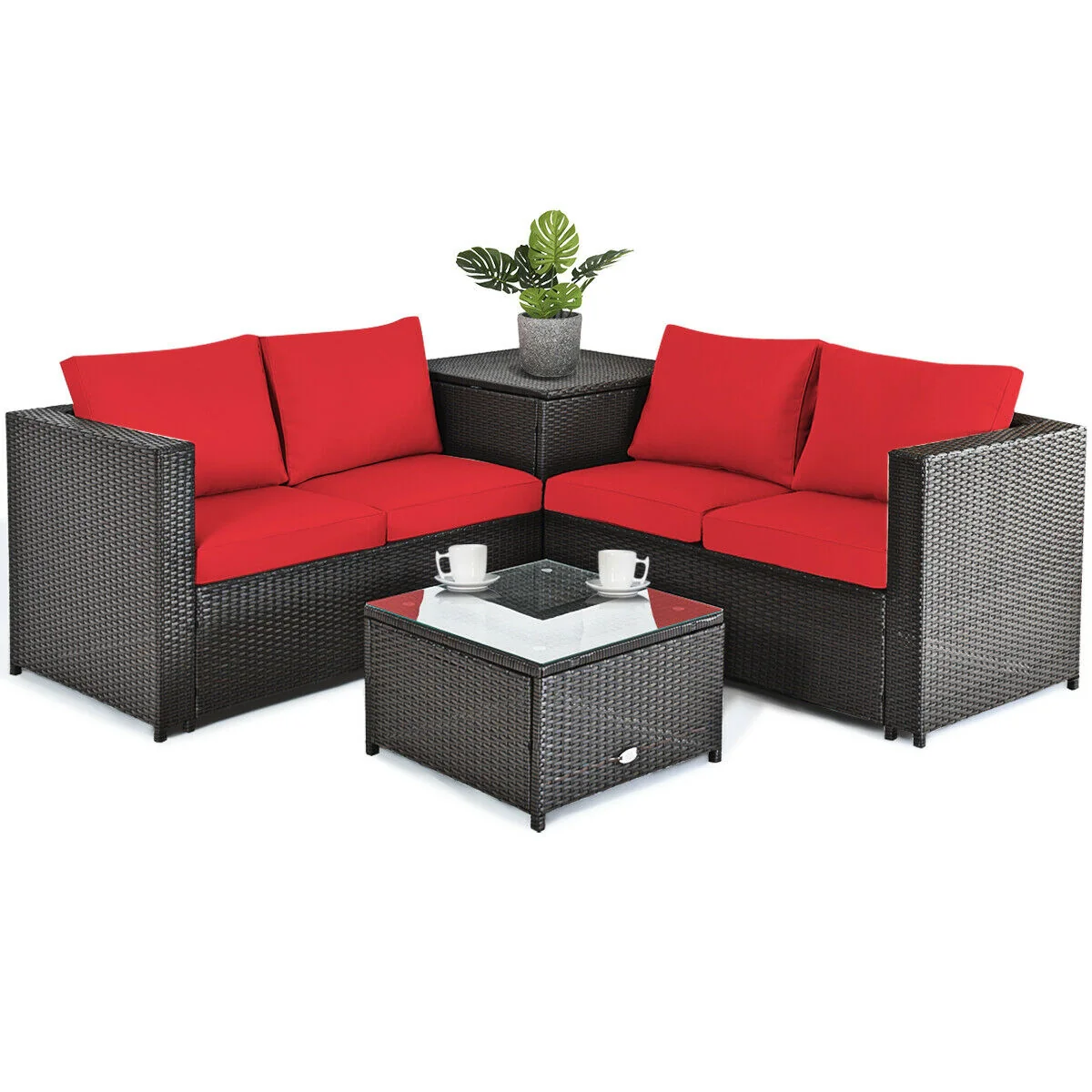 4 Piece Outdoor Patio Rattan Furniture Set, Red - Image 4