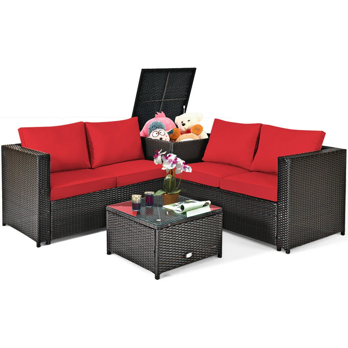 4 Piece Outdoor Patio Rattan Furniture Set, Red - Image 5