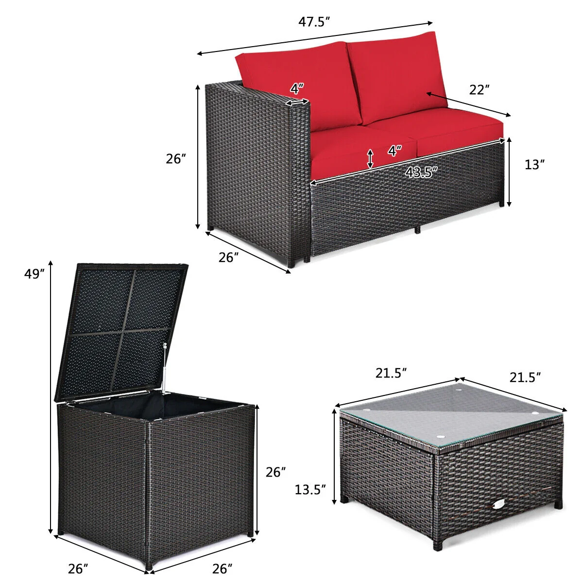 4 Piece Outdoor Patio Rattan Furniture Set, Red - Image 6