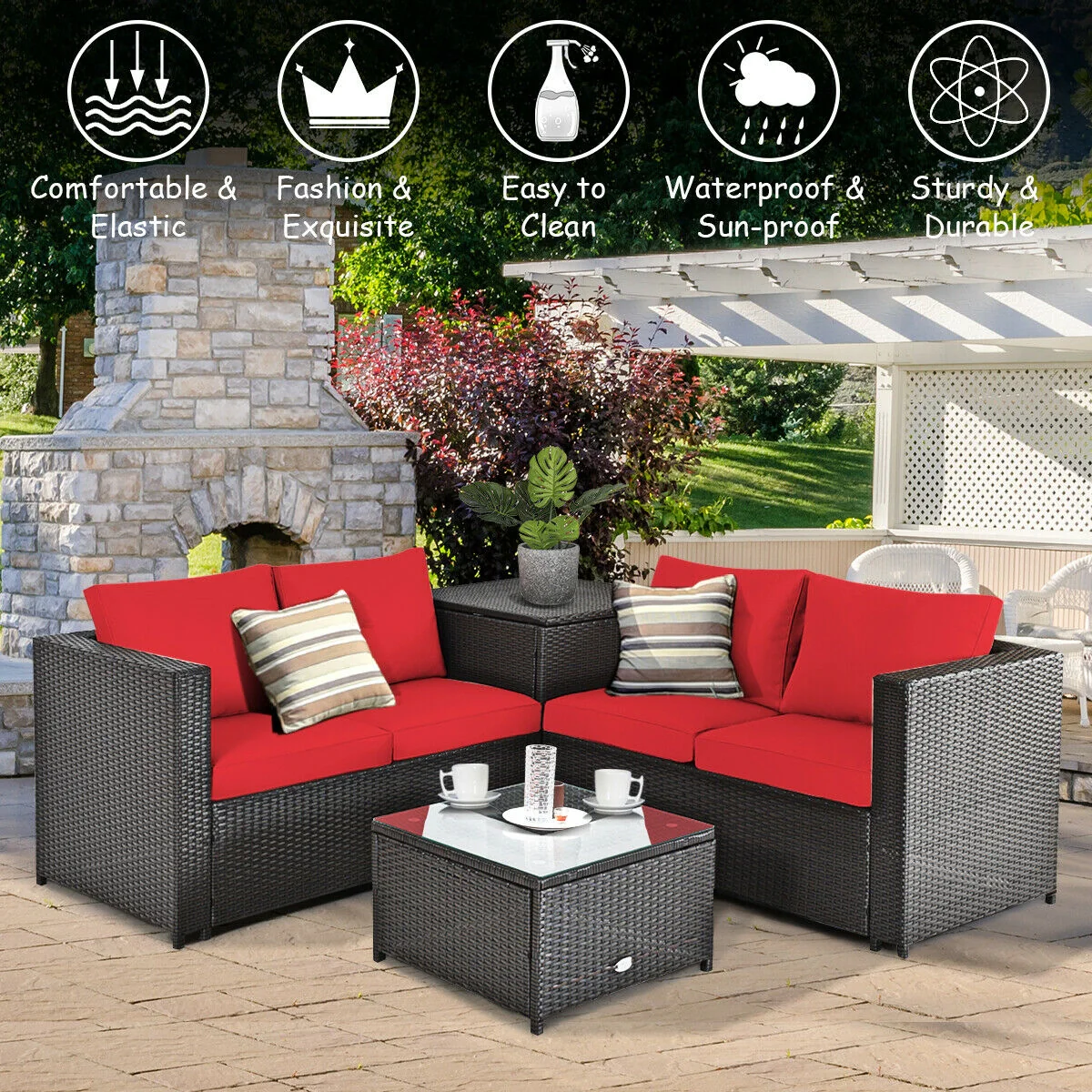 4 Piece Outdoor Patio Rattan Furniture Set, Red - Image 7
