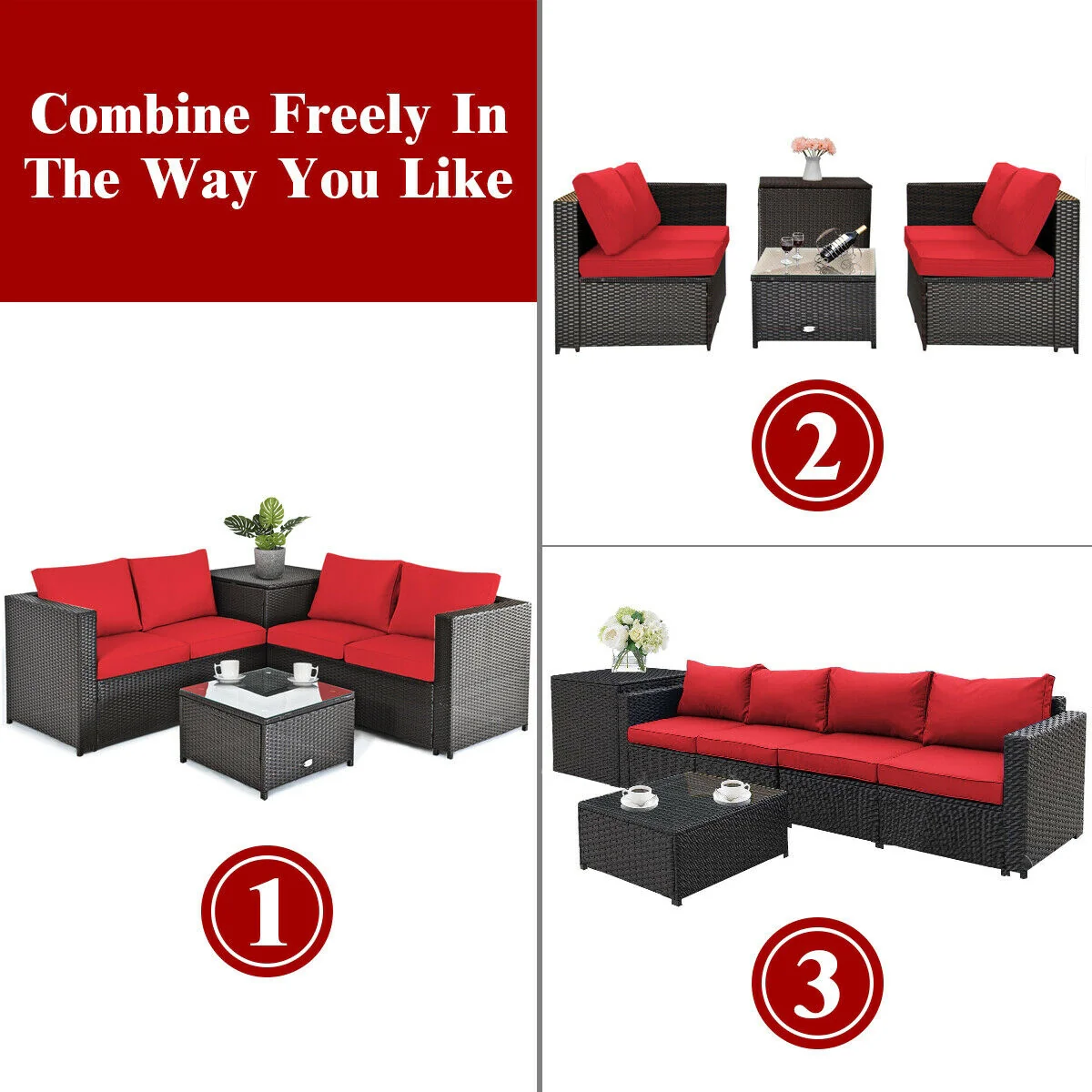 4 Piece Outdoor Patio Rattan Furniture Set, Red - Image 8