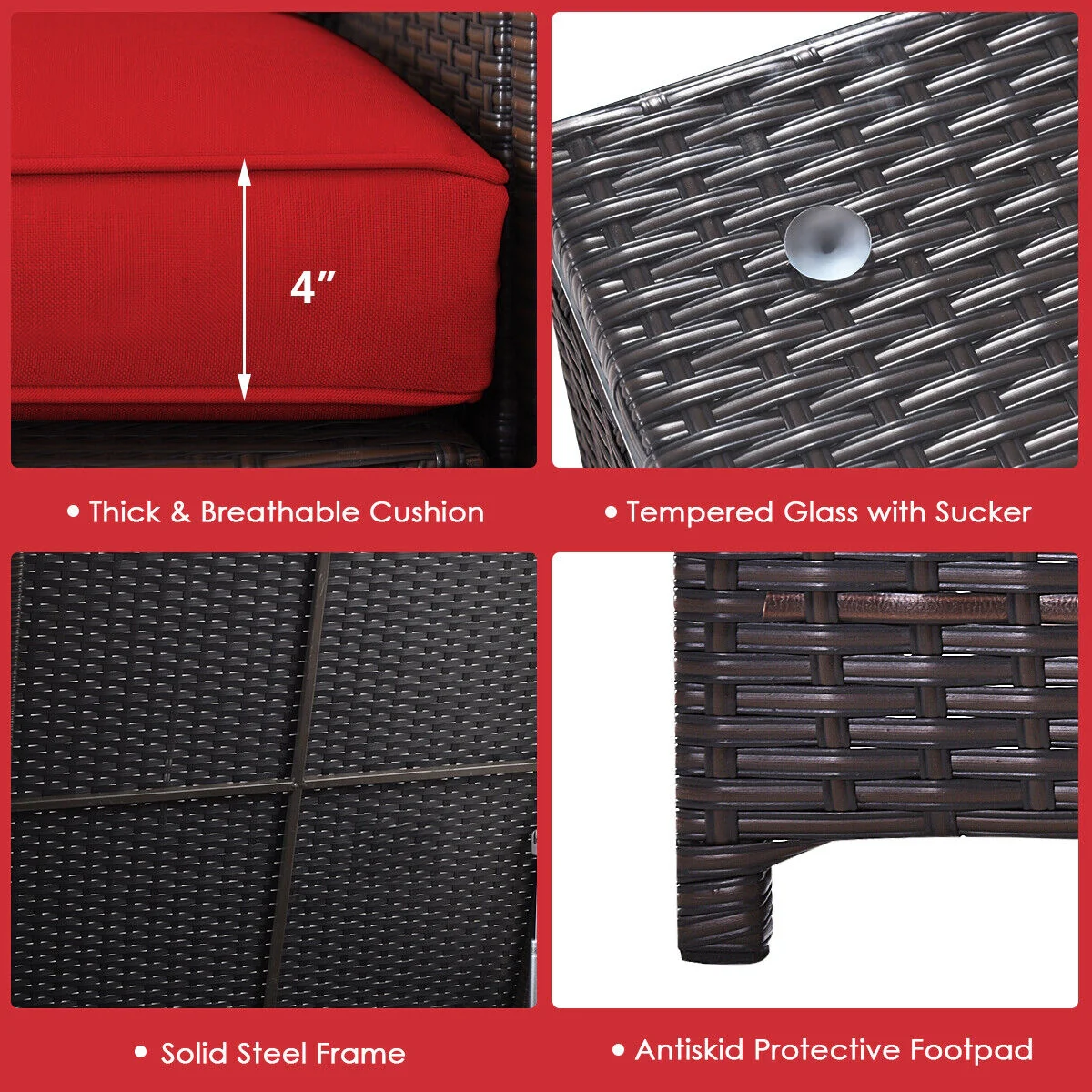 4 Piece Outdoor Patio Rattan Furniture Set, Red - Image 9