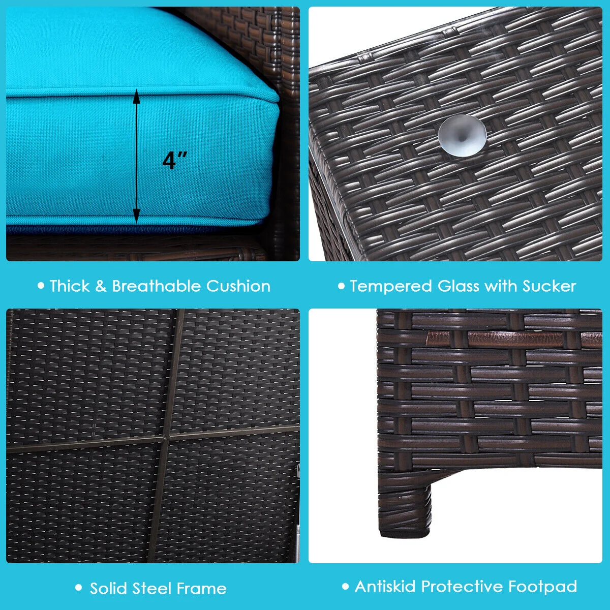 4 Piece Outdoor Patio Rattan Furniture Set, Turquoise - Image 10