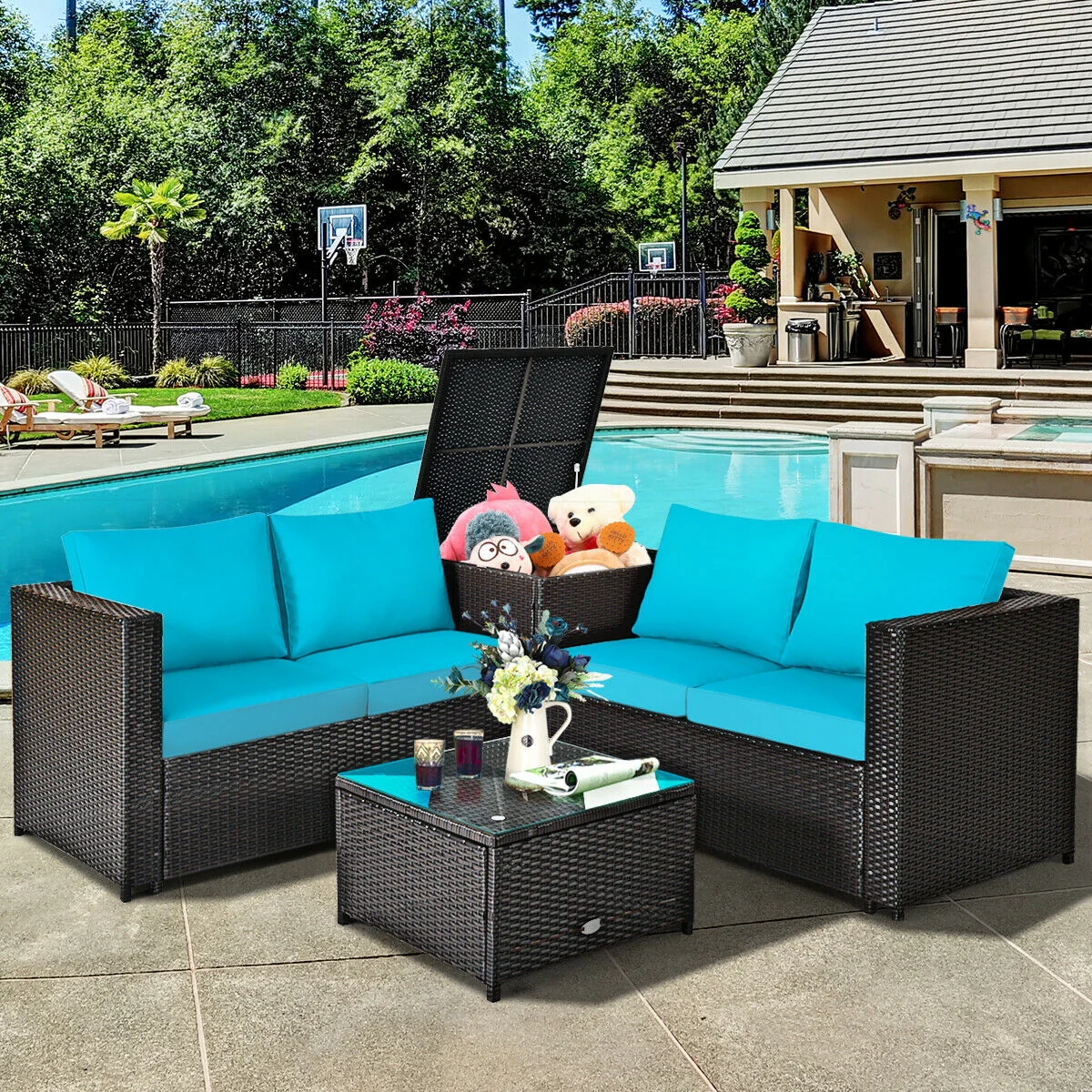 4 Piece Outdoor Patio Rattan Furniture Set, Turquoise - Image 2