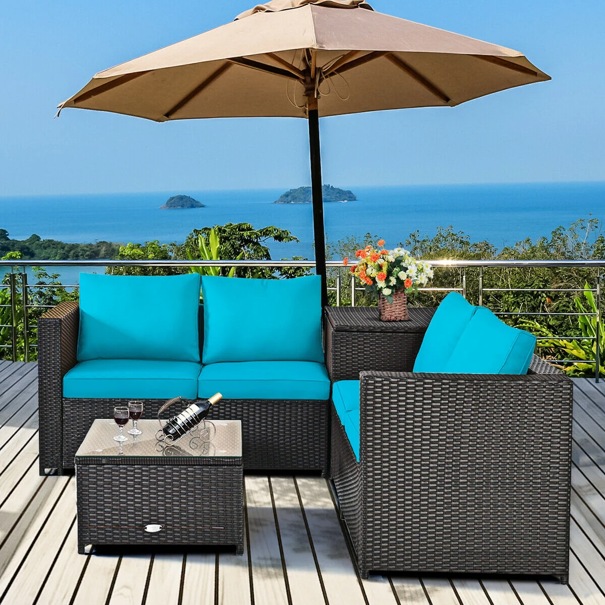 4 Piece Outdoor Patio Rattan Furniture Set, Turquoise - Image 3